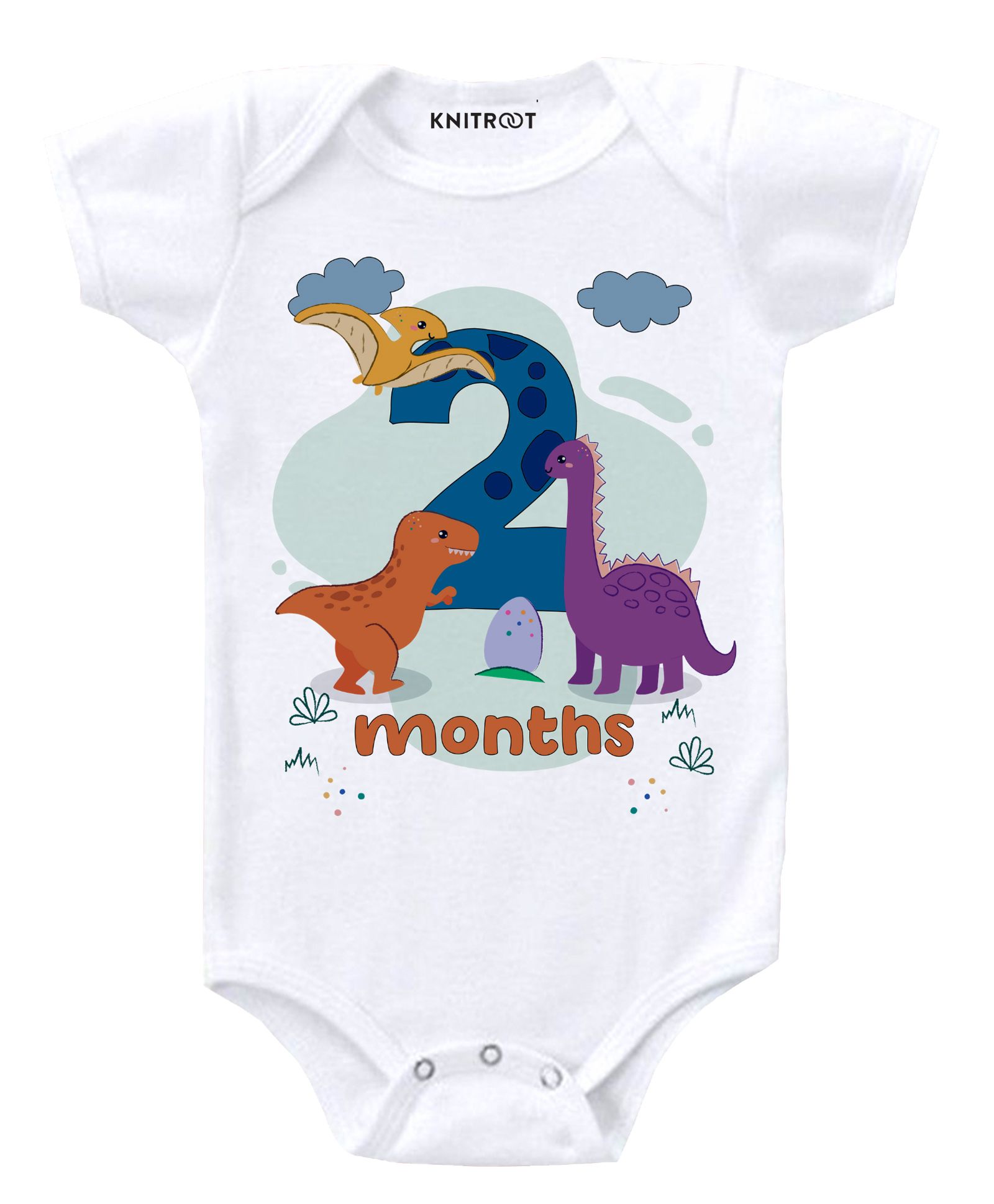 KNITROOT Short Sleeves Dinosaur 2 Months Printed Onesie - White-picture-10