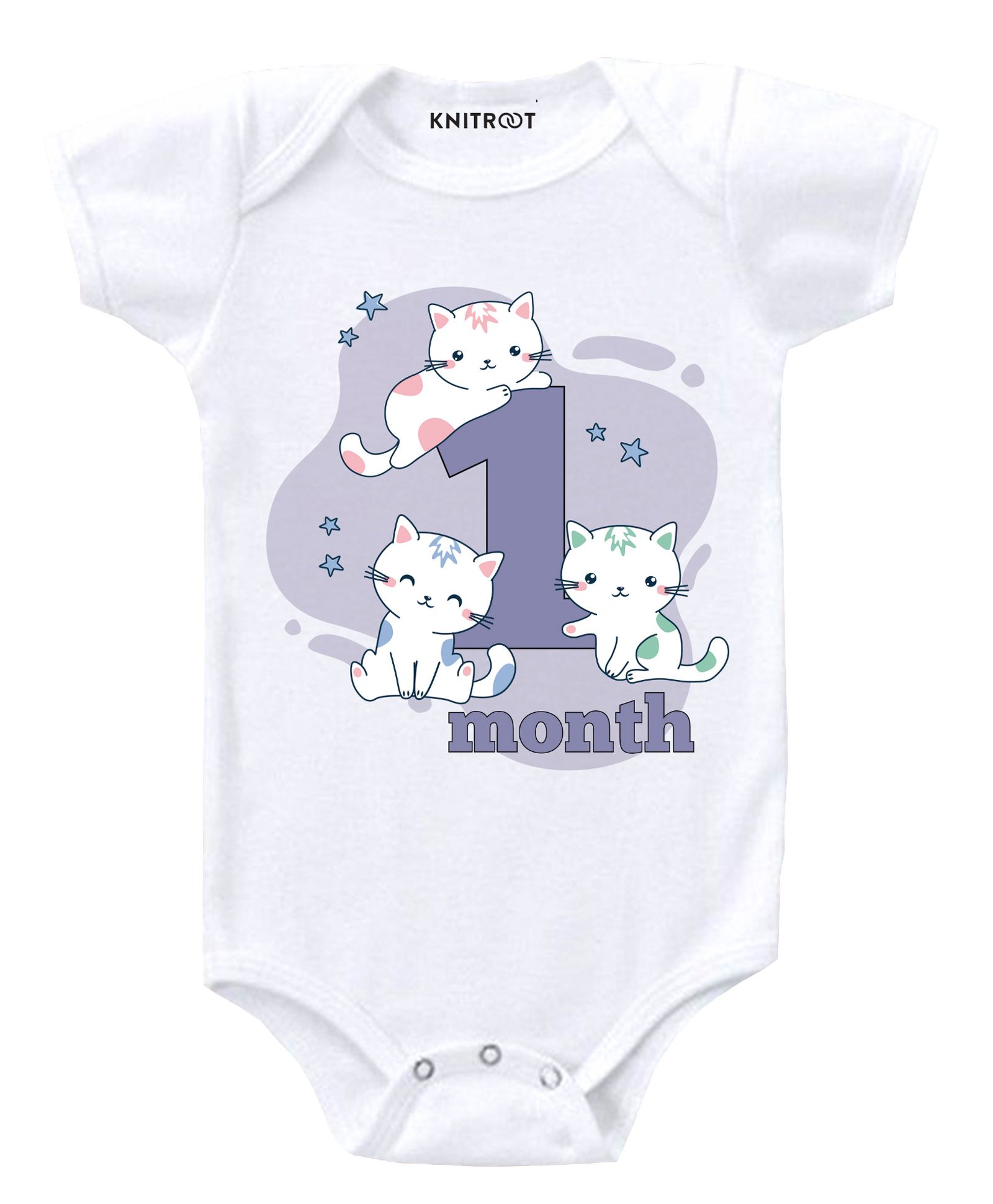 KNITROOT Short Sleeves Cat 1 Month Printed Onesie - White-image-39