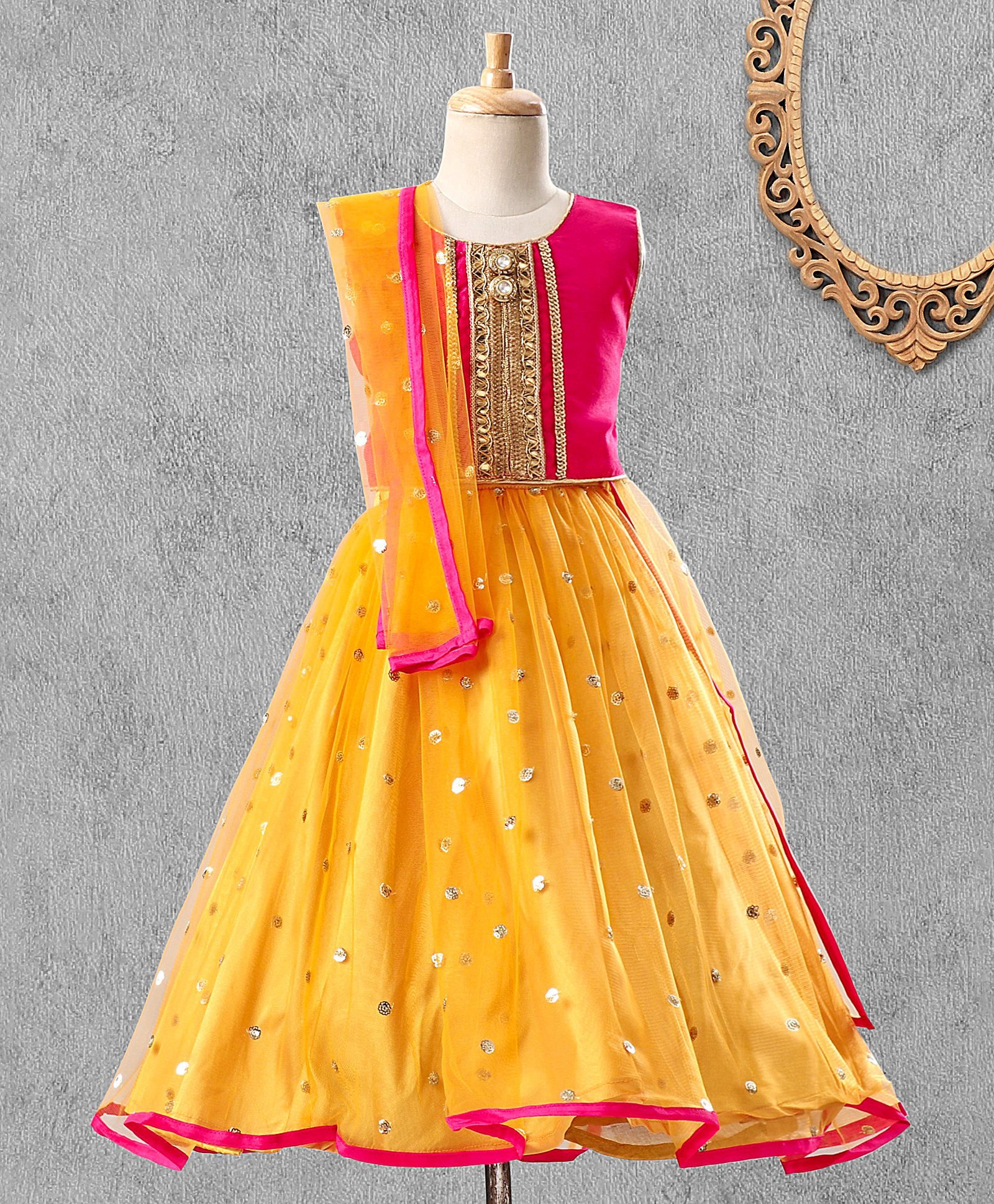 Saka Designs Sleeveless Choli & Lehenga With Net Dupatta Zari Detailing - Orange Pink-picture-10