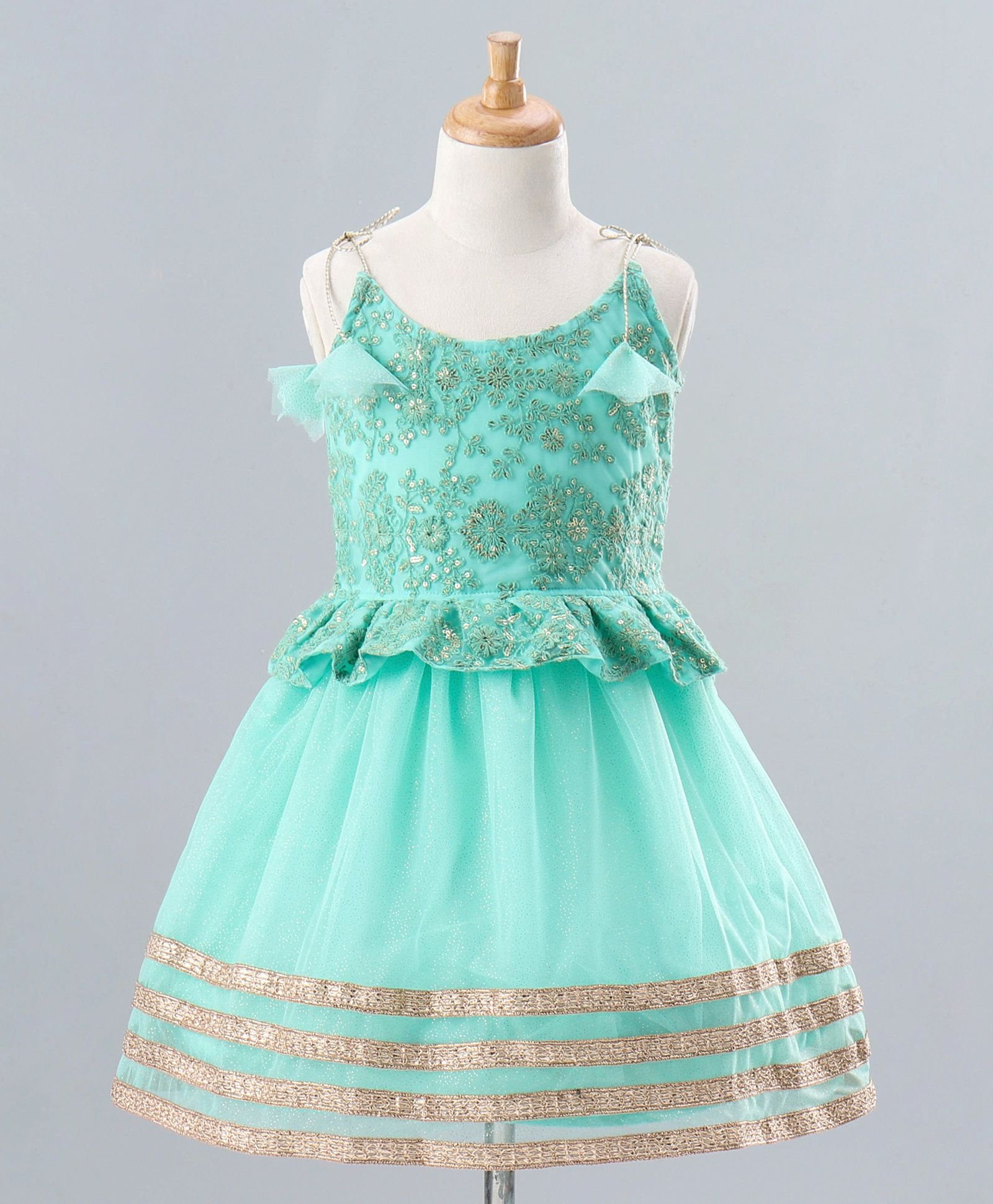 Babyhug Sleeveless Shimmer Ethnic Dress Floral Embroidery - Sky Blue-picture-21