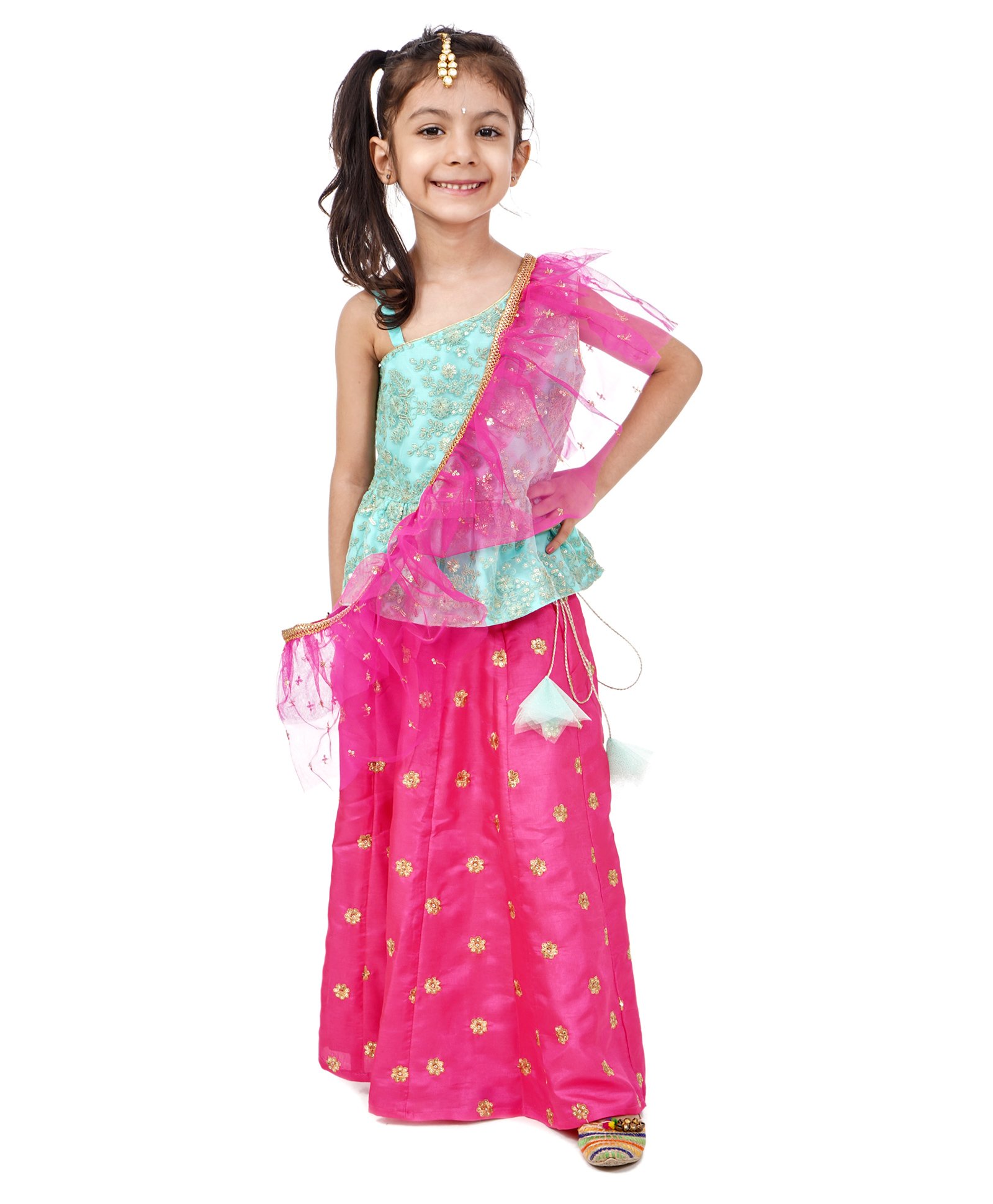 Babyhug One Shoulder Choli and Lehenga with Ruffled Net Dupatta Floral Embroidery - Blue Pink-image-43