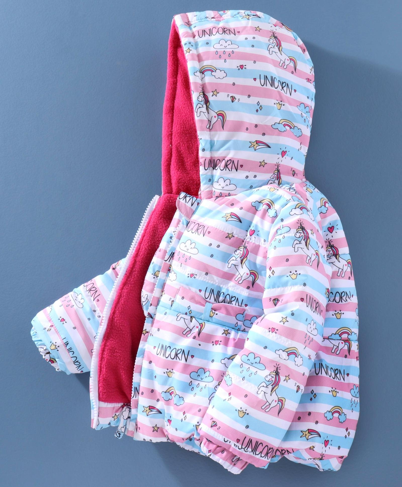 Babyhug Full Sleeves Hooded Padded Winter Jacket Unicorn Print - Pink-image-36