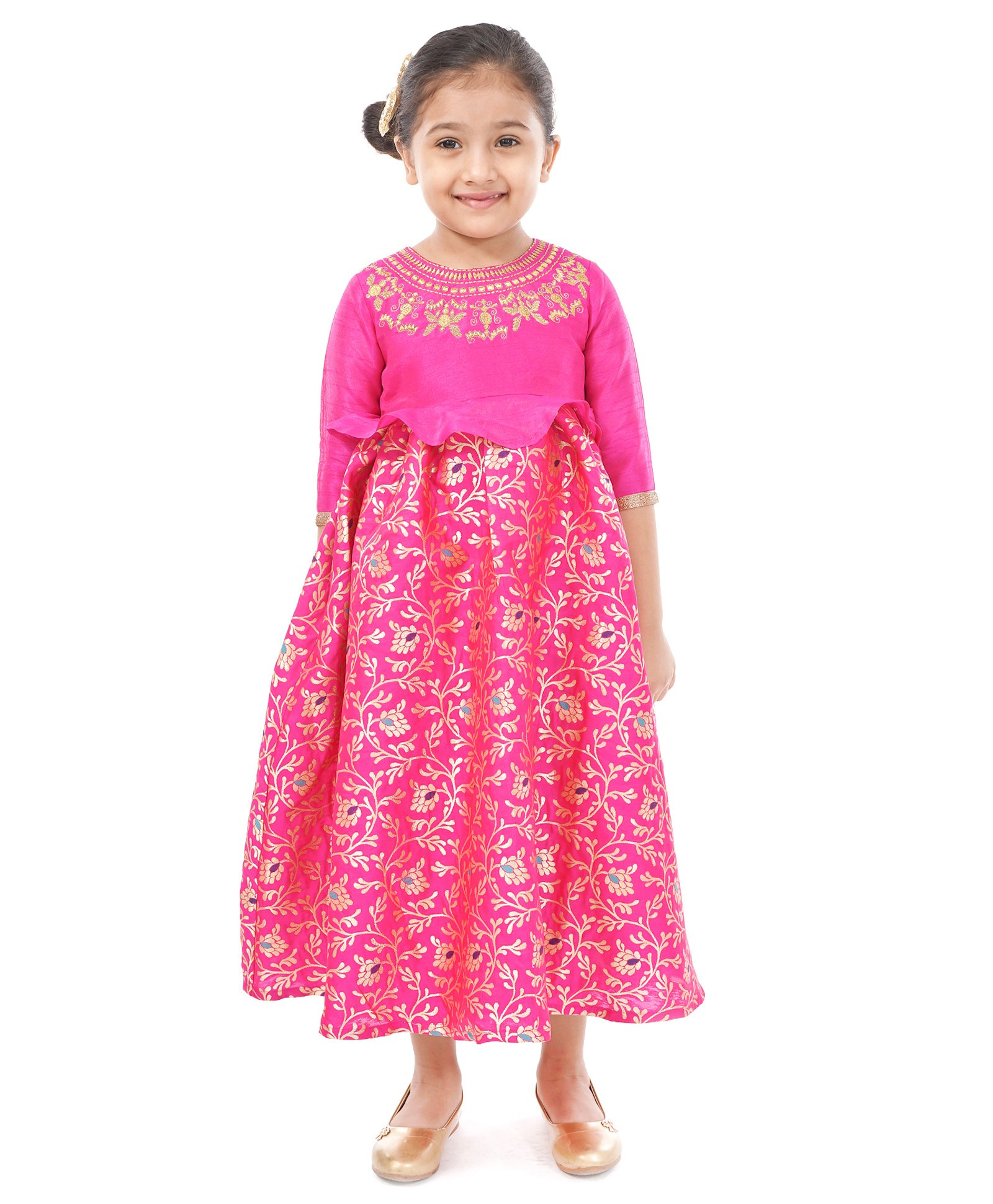 Babyhug Three Fourth Sleeves Long Dress Floral Embroidery - Pink-image-16