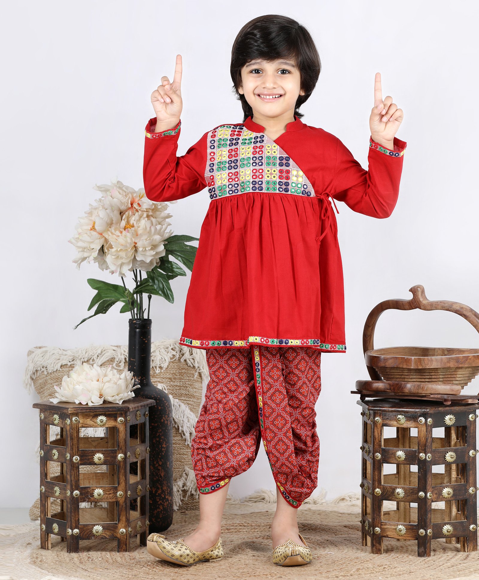 Babyhug Angarkha Style Kurta & Bandhani Dhoti Mirror Detail - Red-image-0