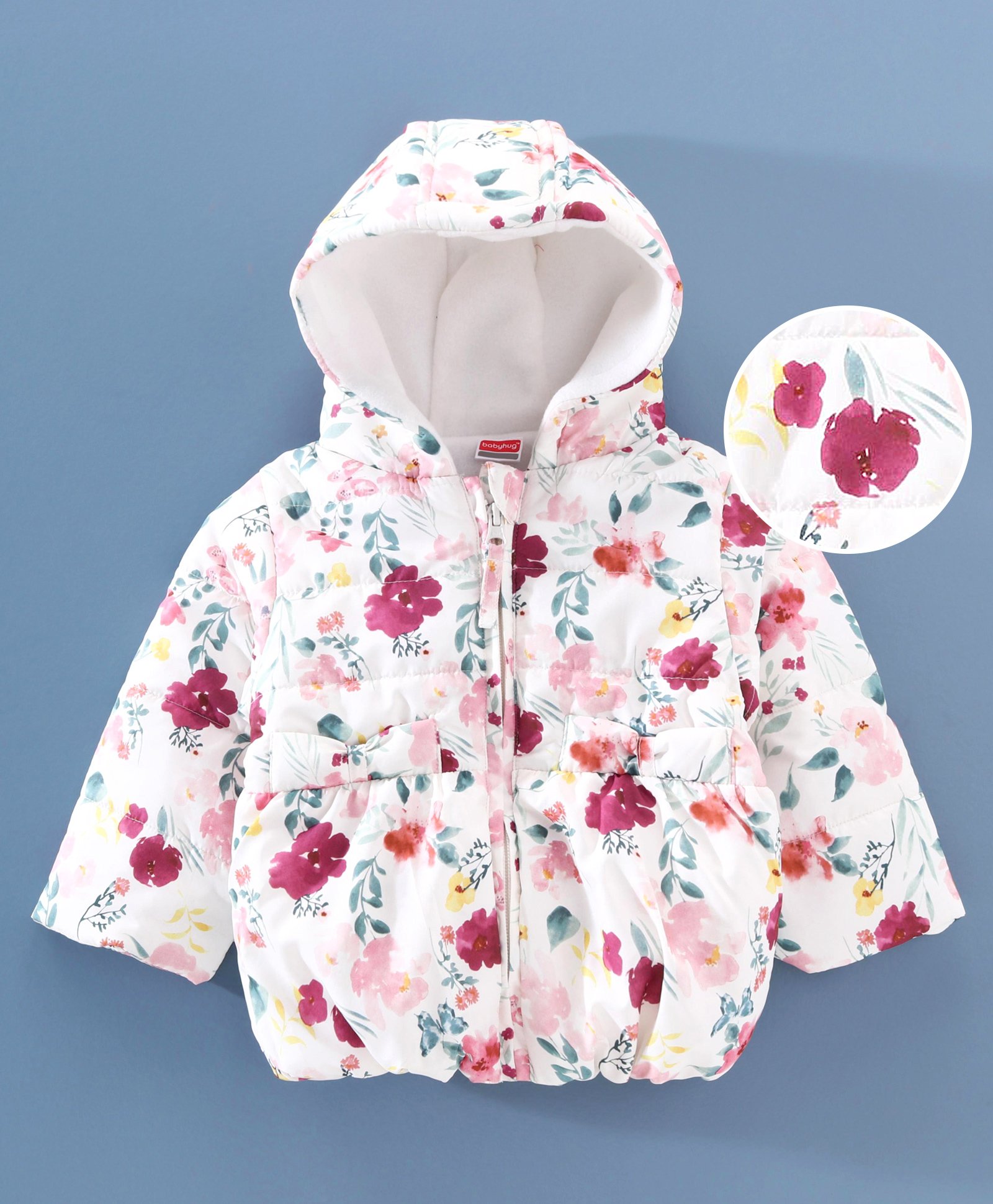 Babyhug Full Sleeves Quilted Hooded Jacket Floral Print - White Red-image-11