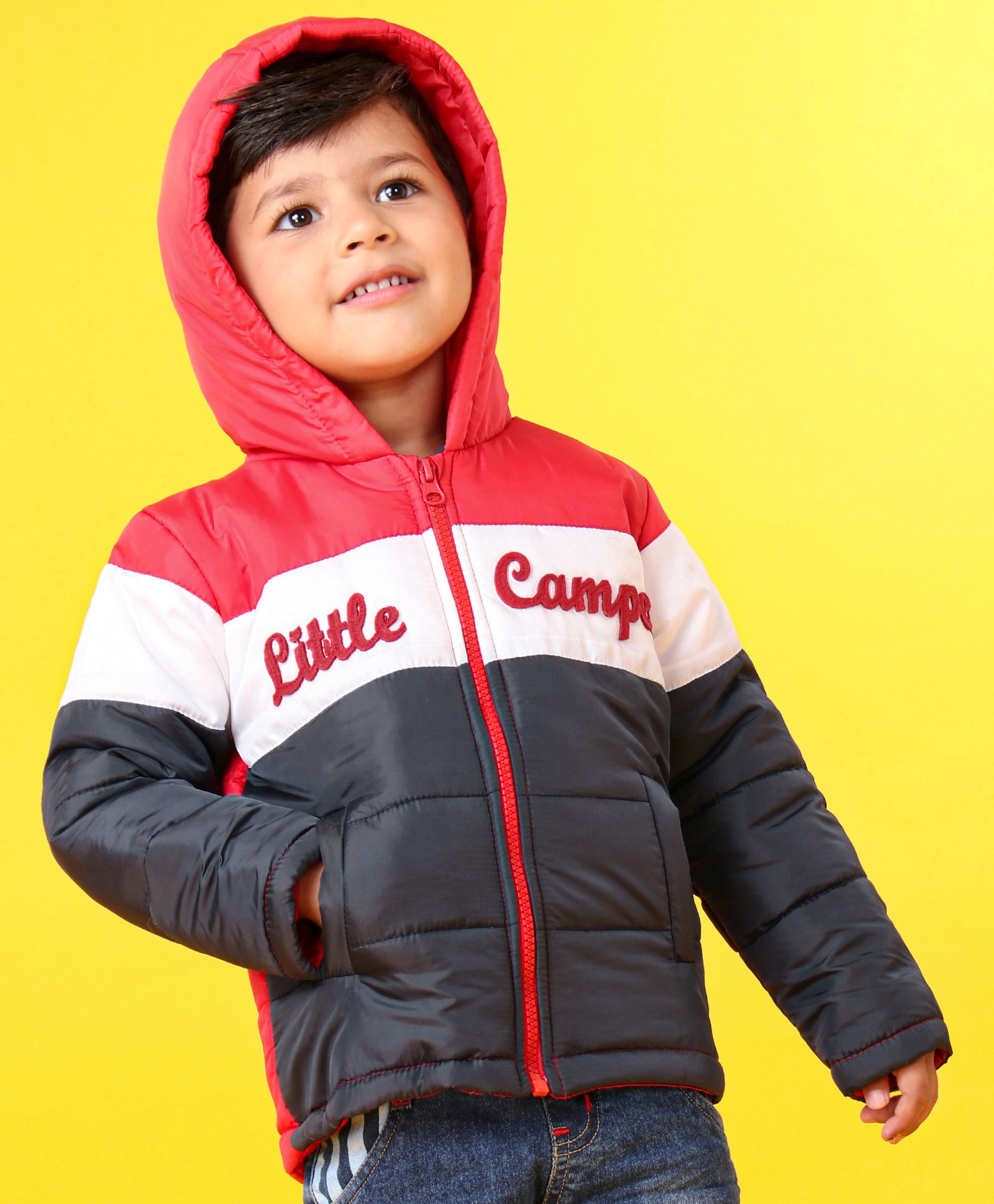 Babyhug Full Sleeves Hooded Padded Jacket Little Camper Patch - Red White Navy Blue-image-33