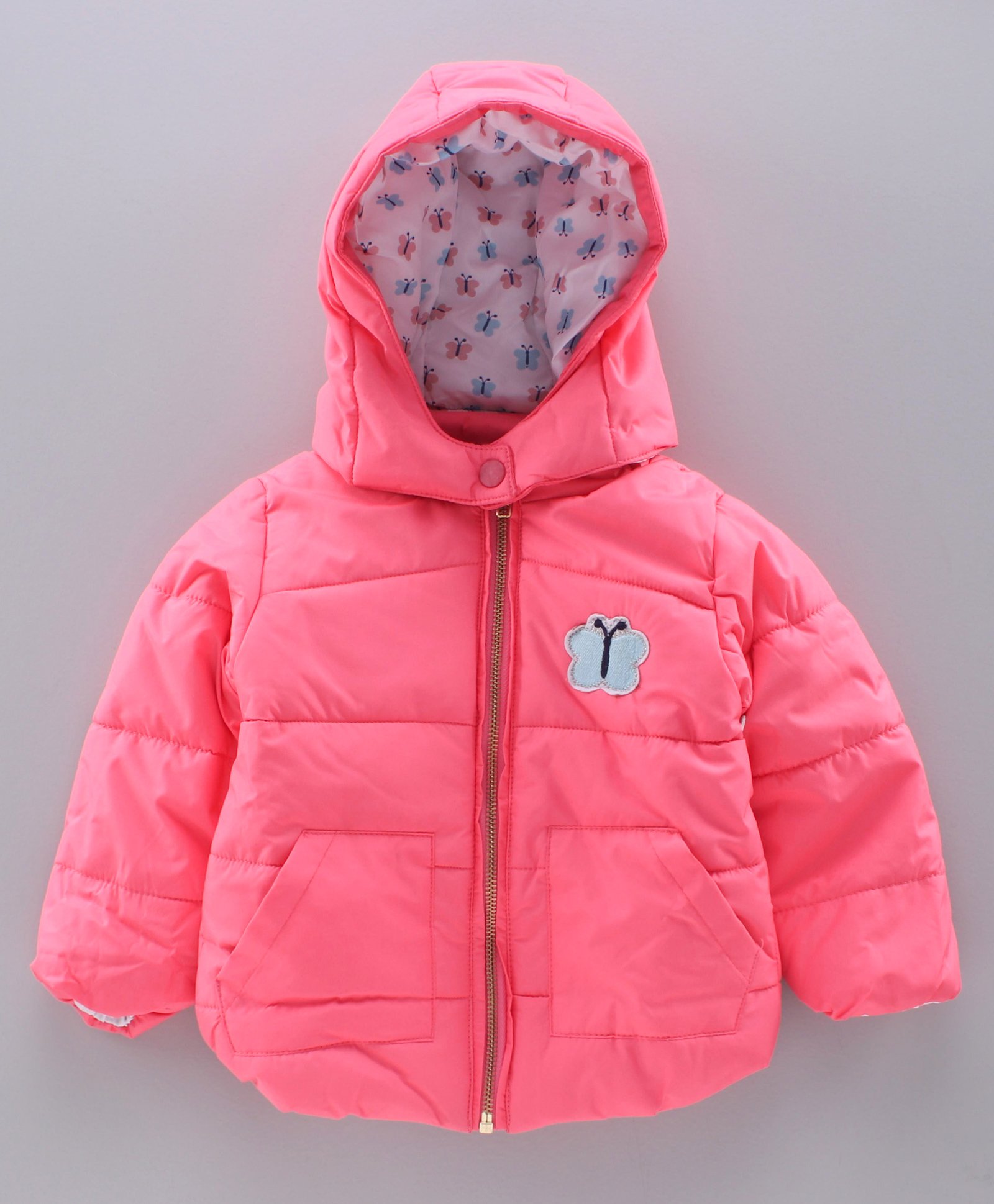 Babyhug Full Sleeves Padded Jacket Butterfly Patch Print - Pink-image-4