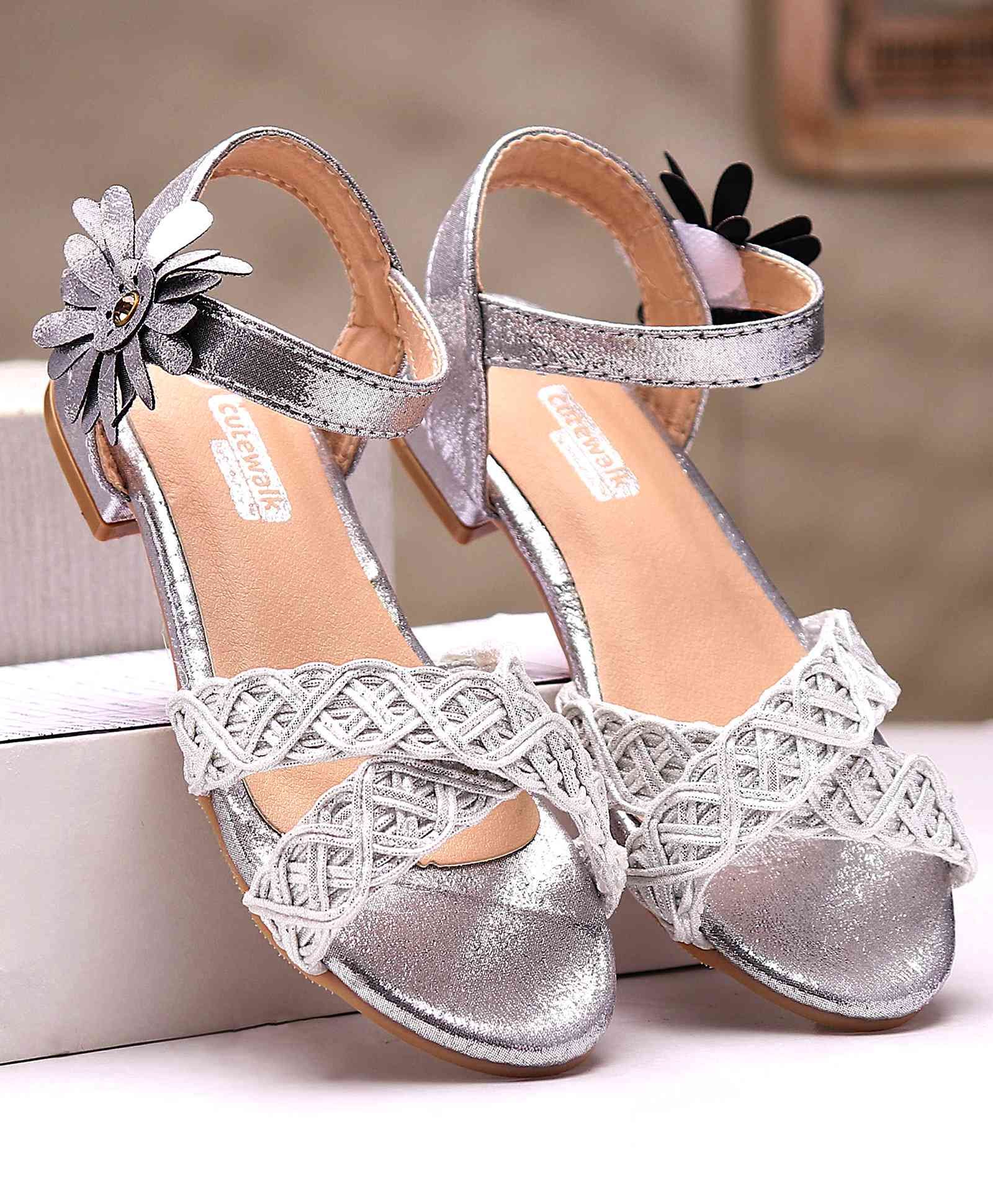 Cute Walk by Babyhug Party Wear Sandals Floral Appliques - Silver-picture-17