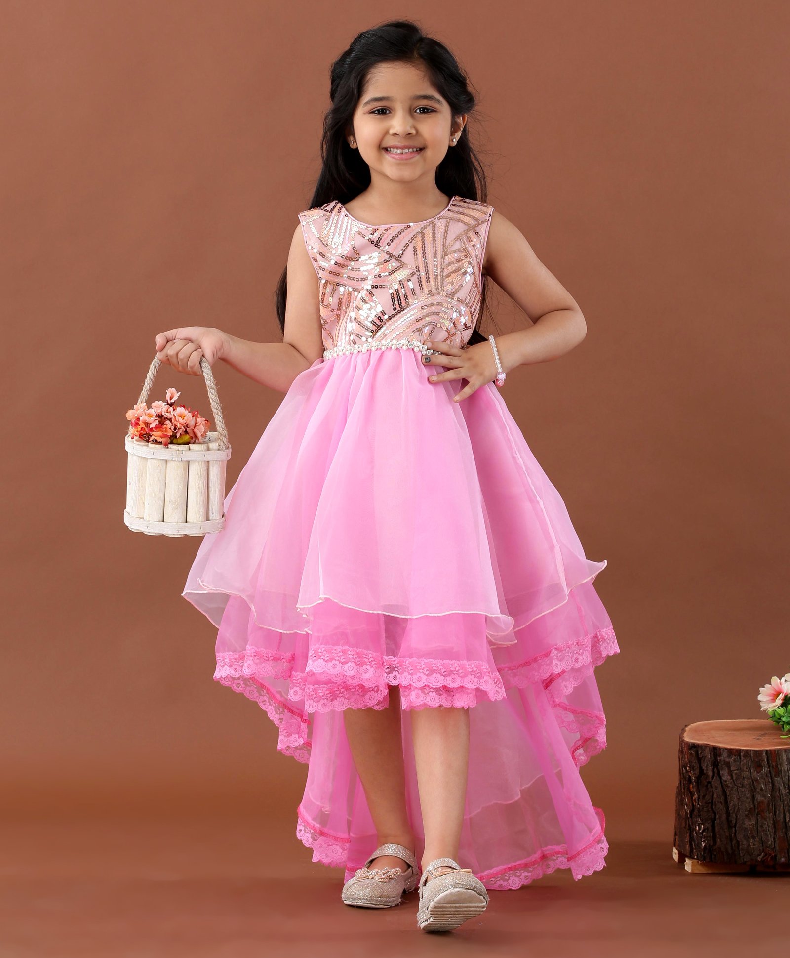 Mark & Mia Sleeveless Sequin Party Wear High Low Frock - Pink-image-4