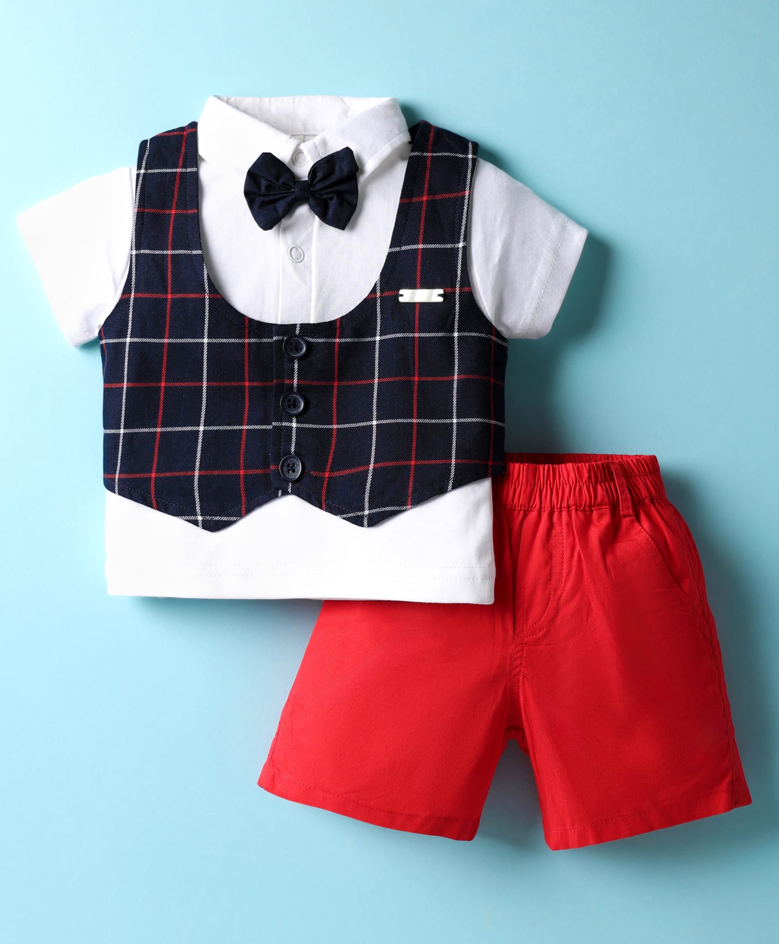 ToffyHouse Cotton Knit Half Sleeves Polo T-Shirt & Shorts with Checks Waistcoat & Bow Applique - White-picture-25