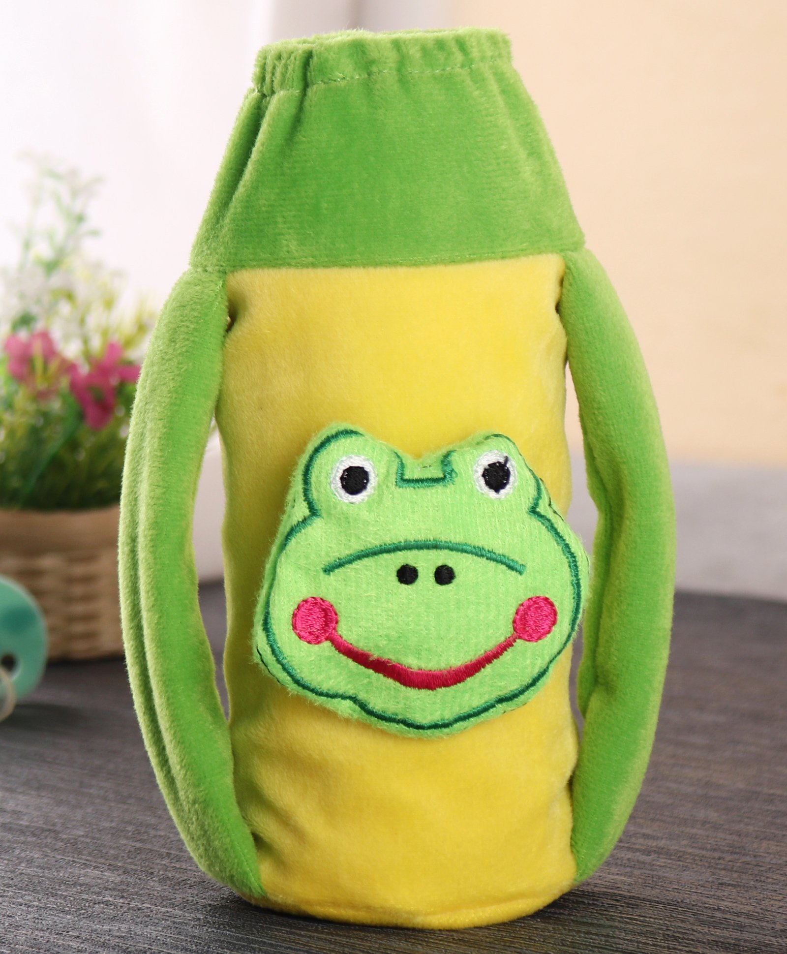 Babyhug Velour Plush Twin Handle Bottle Cover Medium Frog Motif - Fits Upto 120 ml to 260 ml Bottle-image-6
