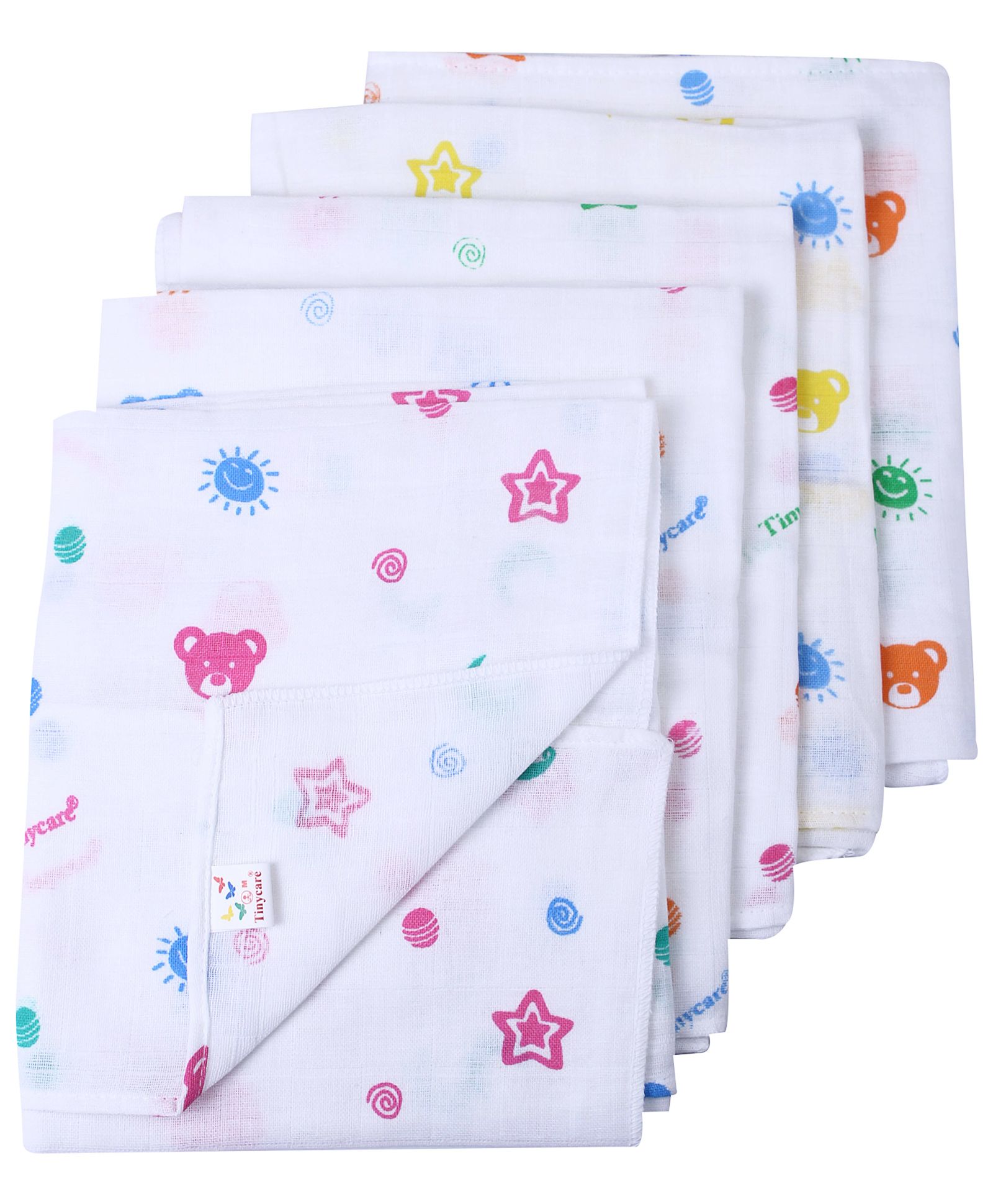 Tinycare Square White Baby Nappy Medium - Pack Of 5 (Print May Vary)