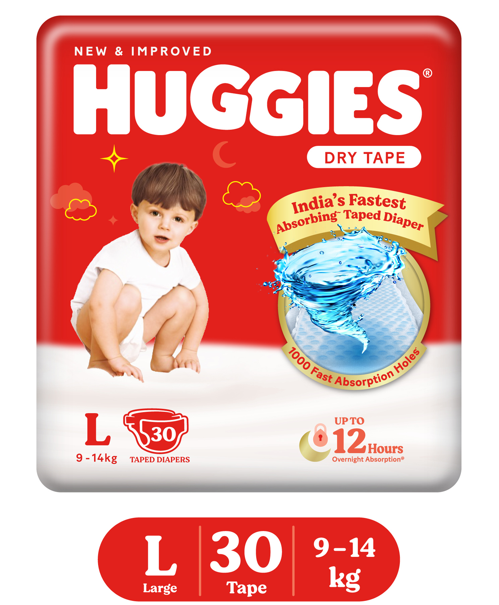 Huggies Dry Tape, Up to 2x Faster Absorption | Adjustable Tape Style Diapers L Size, 30 Diapers