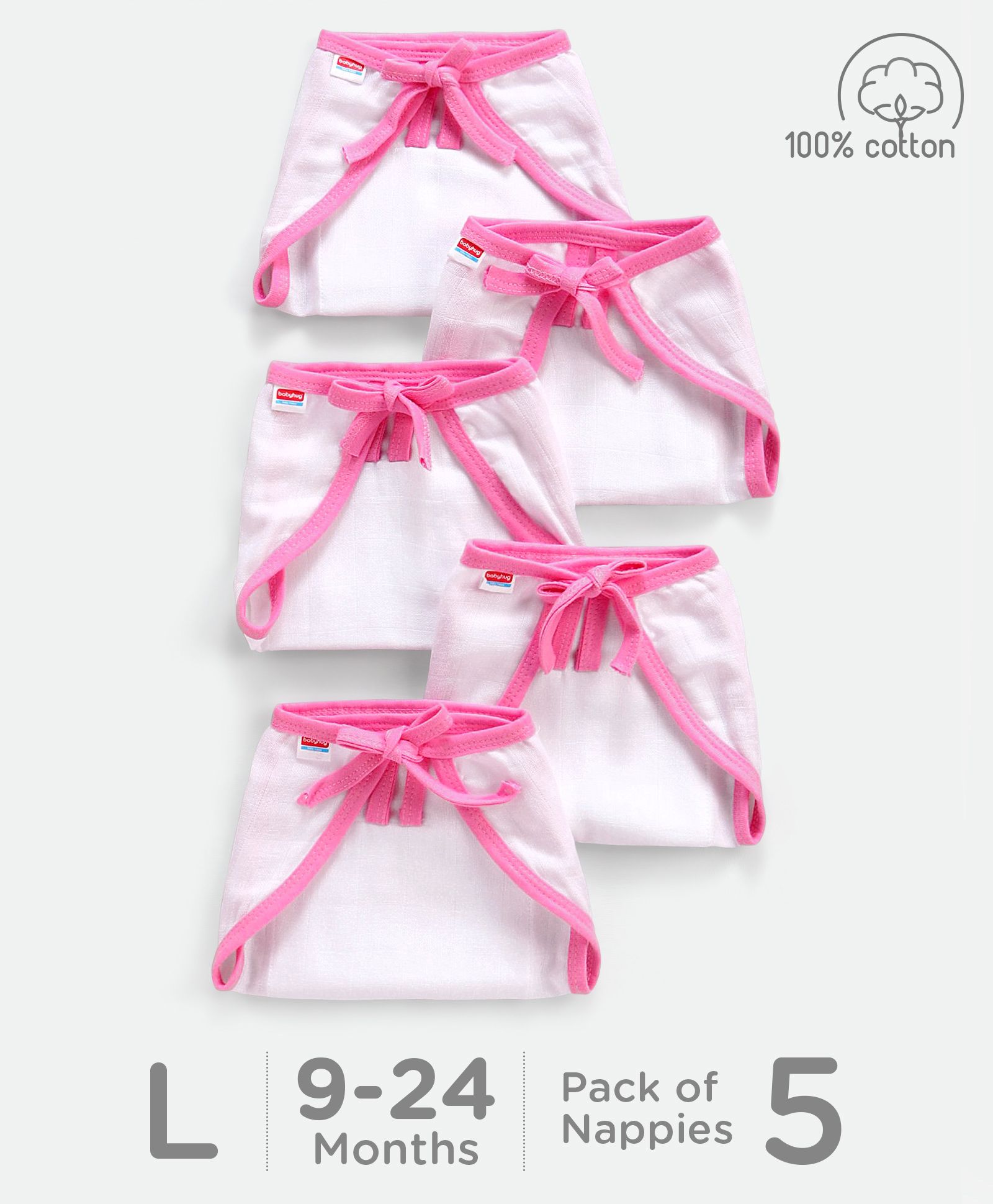 Babyhug Muslin Cloth Nappy Set of 5 Large - Pink & White-image-23