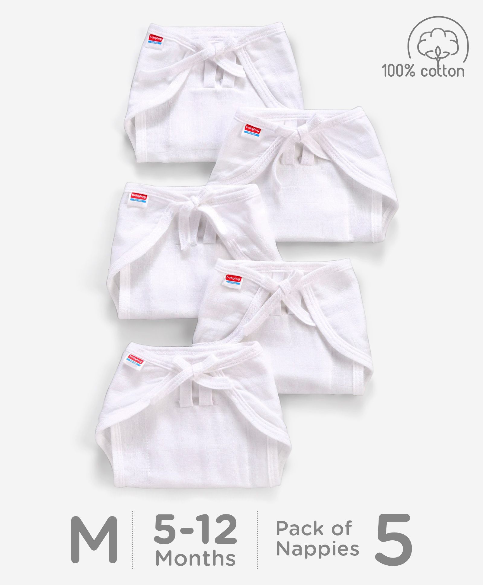 Babyhug Muslin Cloth Nappy Set of 5 Medium - White-image-49