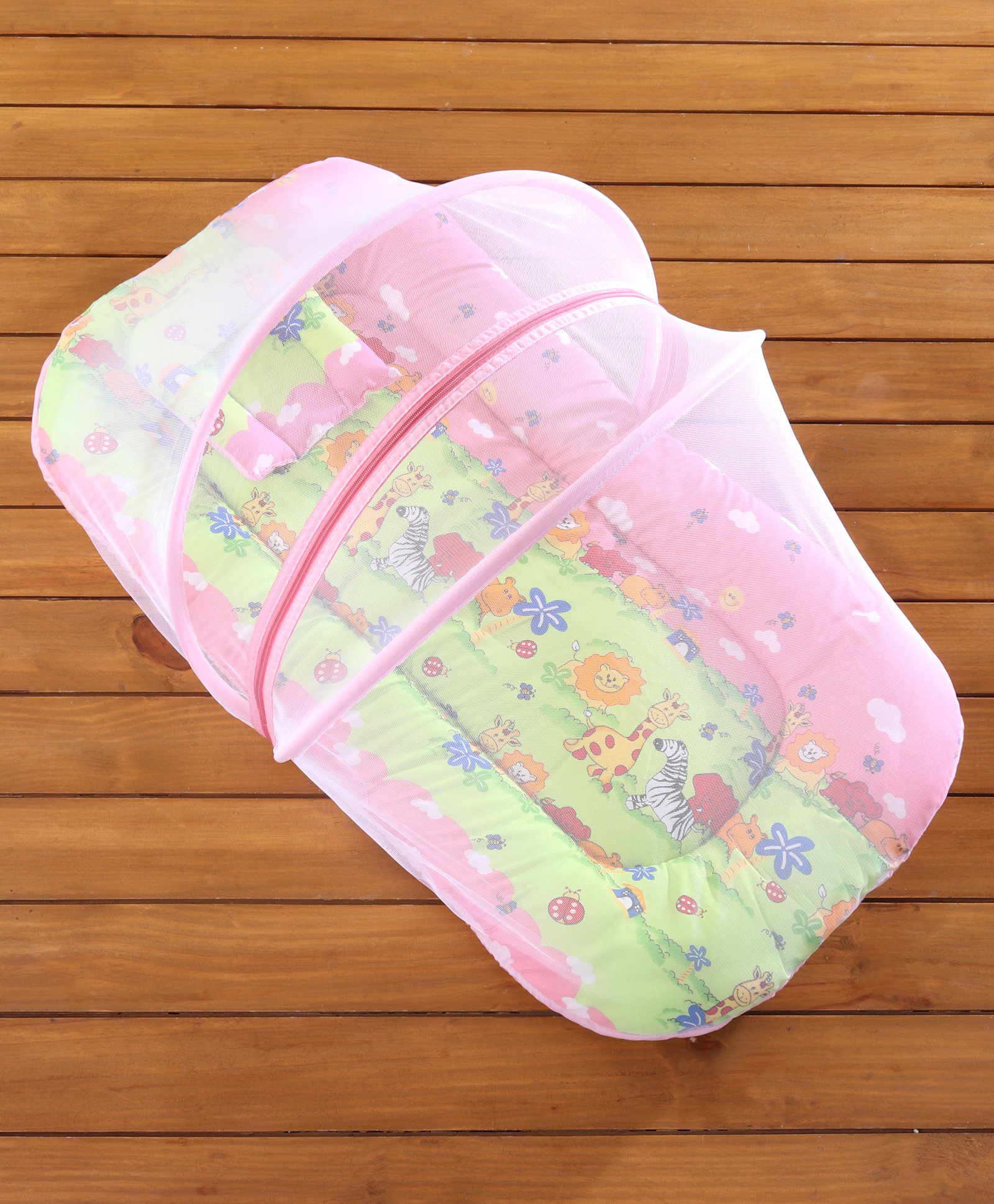 Babyhug Cotton Bedding Set with Center Zip Mosquito Net Animals With House Print- Pink-image-18