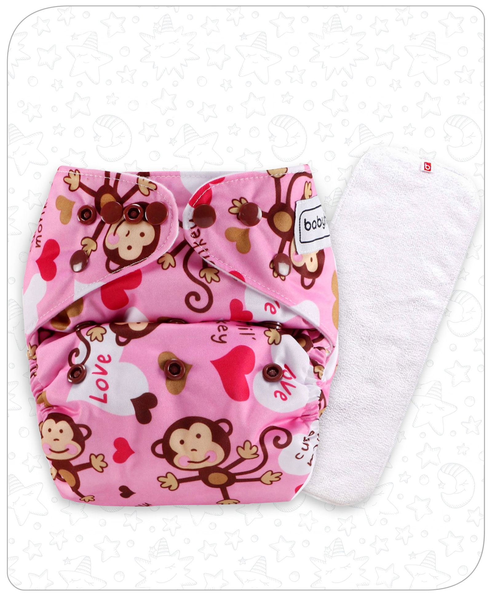 Babyhug Free Size Reusable Cloth Diaper With Insert Monkey Print - Pink