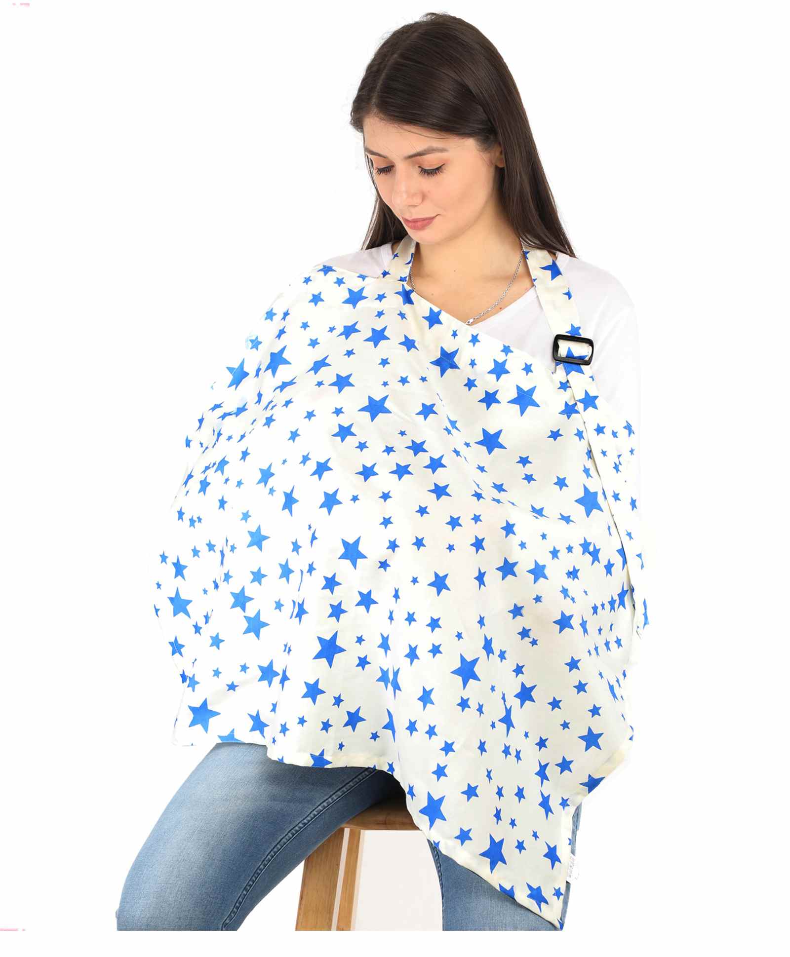 Lulamom Cotton Nursing Cover with Straps Star Print - Blue White-picture-40