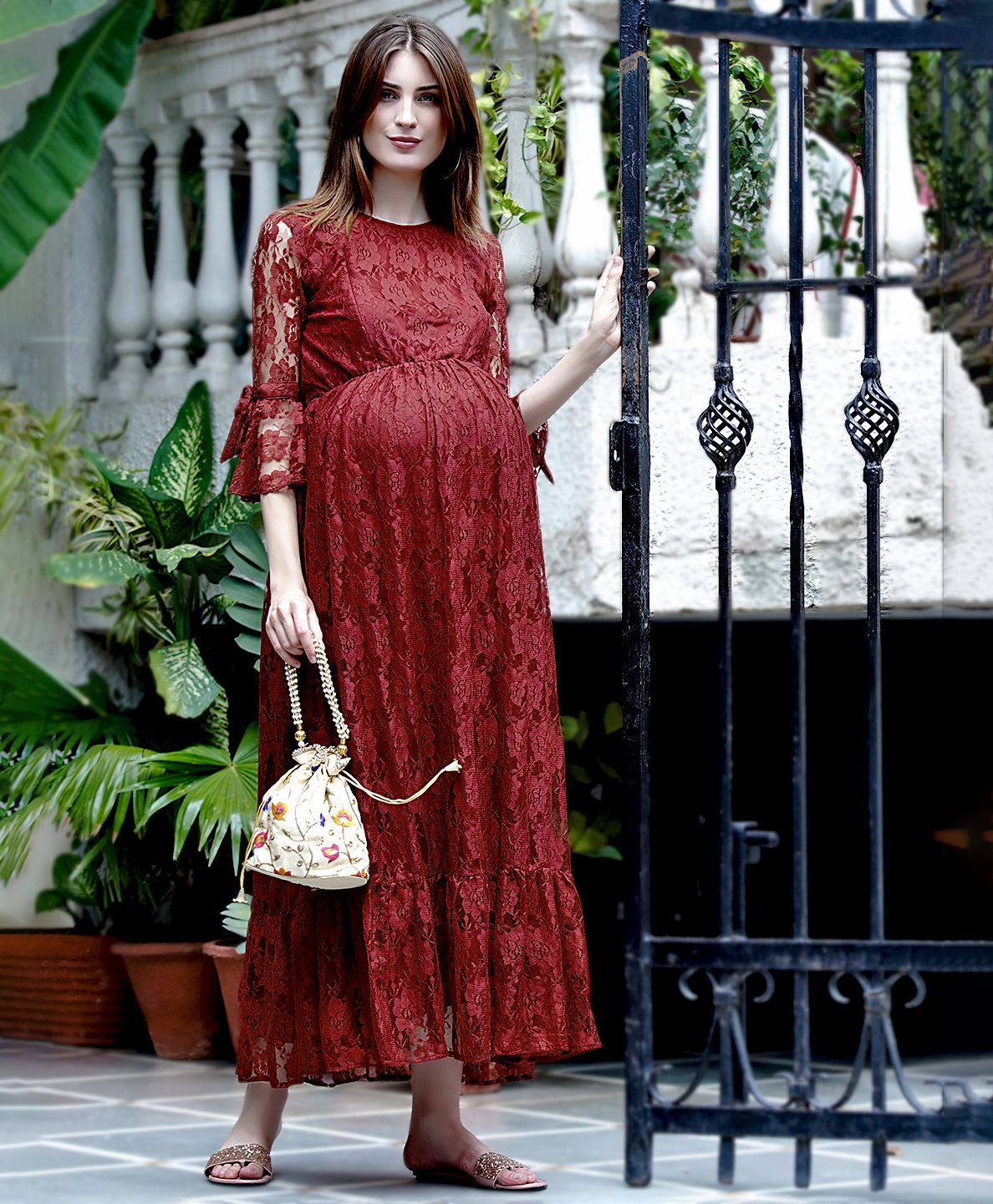 maroon lace maternity dress