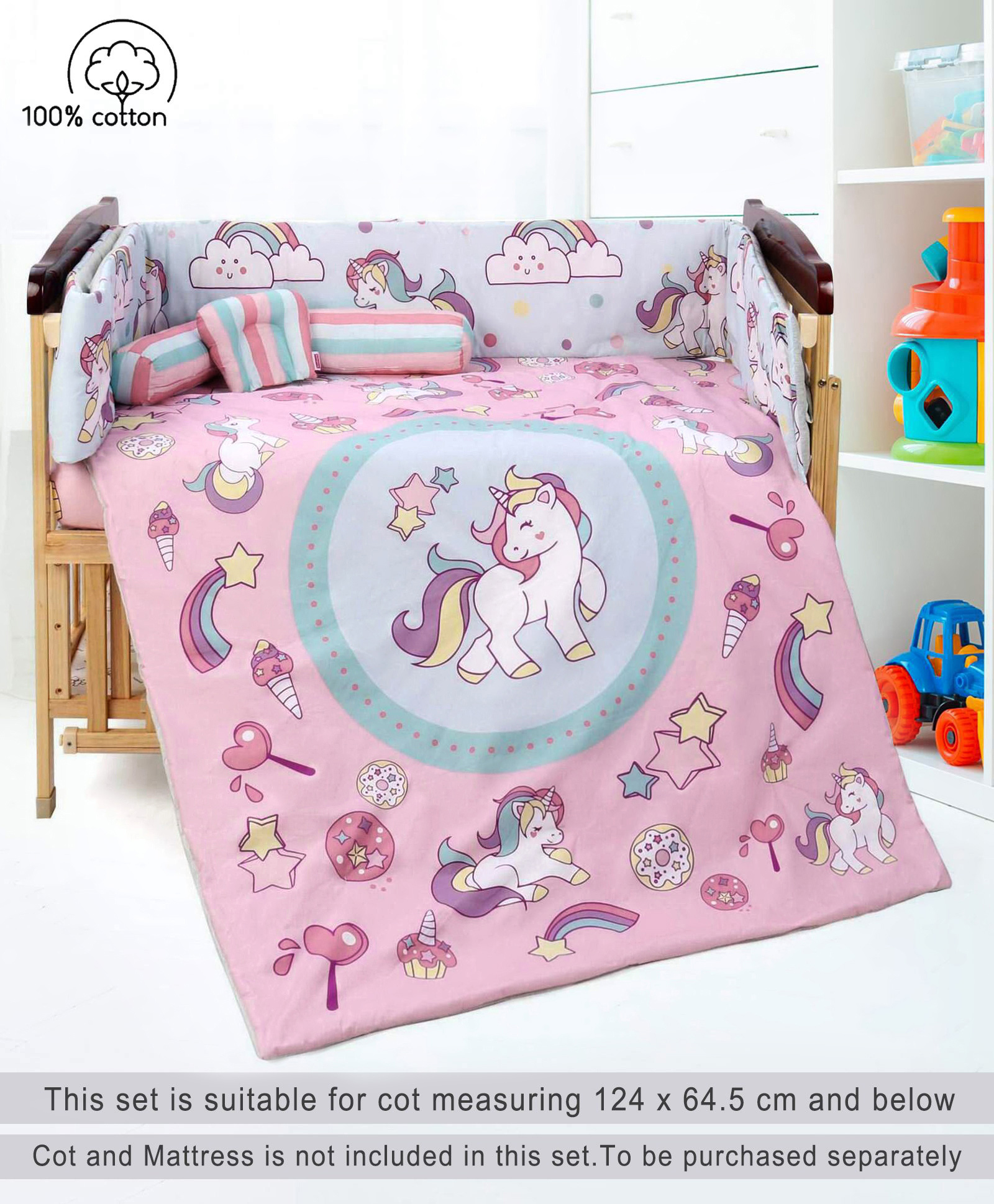 Babyhug 100% Cotton Crib Bedding Set Unicorn Print Regular - Multicolor (Cot not Included)-image-40
