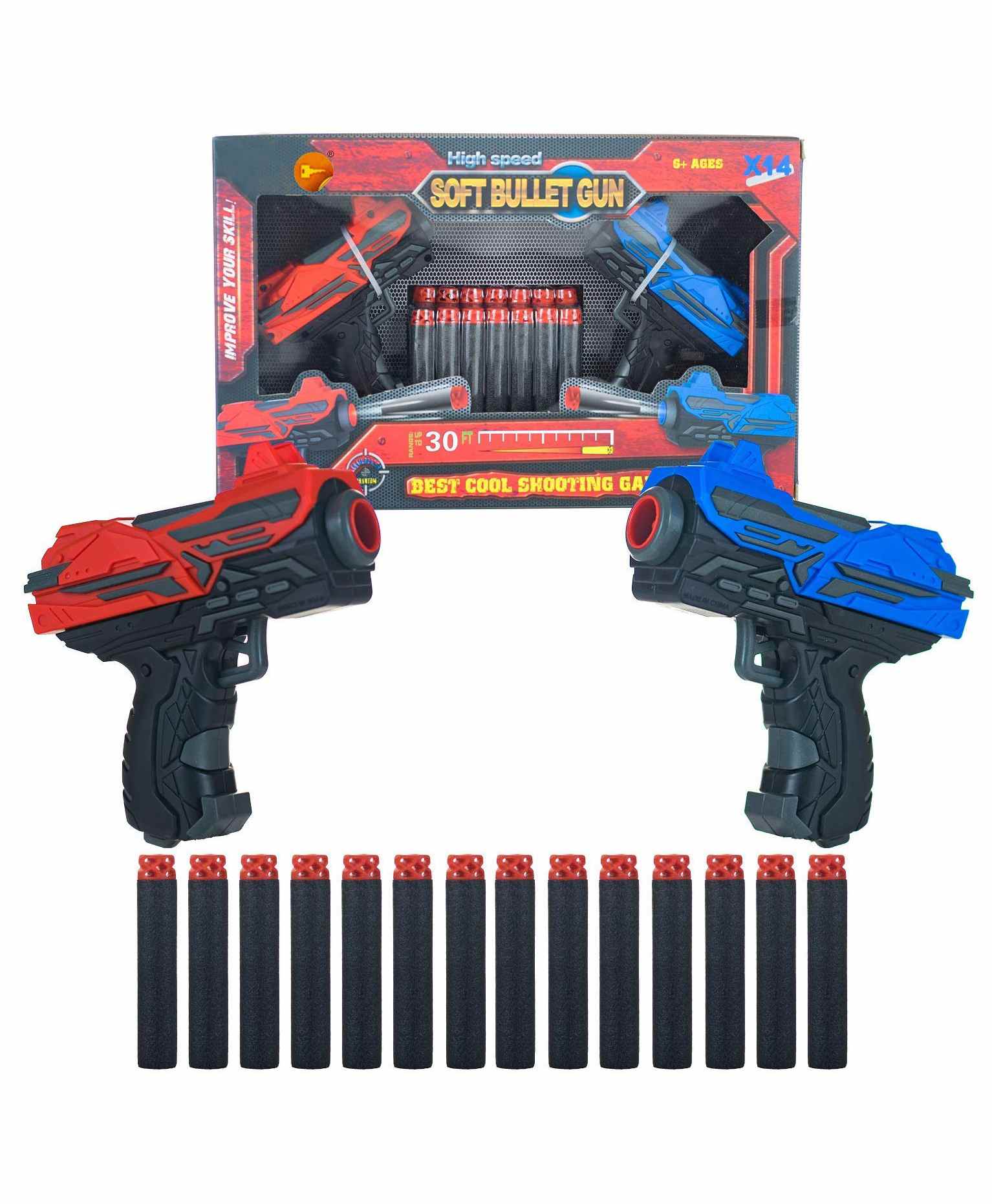 Yamama High Speed Long Range Dual Toy Gun Set with 14 Foam Bullets - Red Blue-image-27