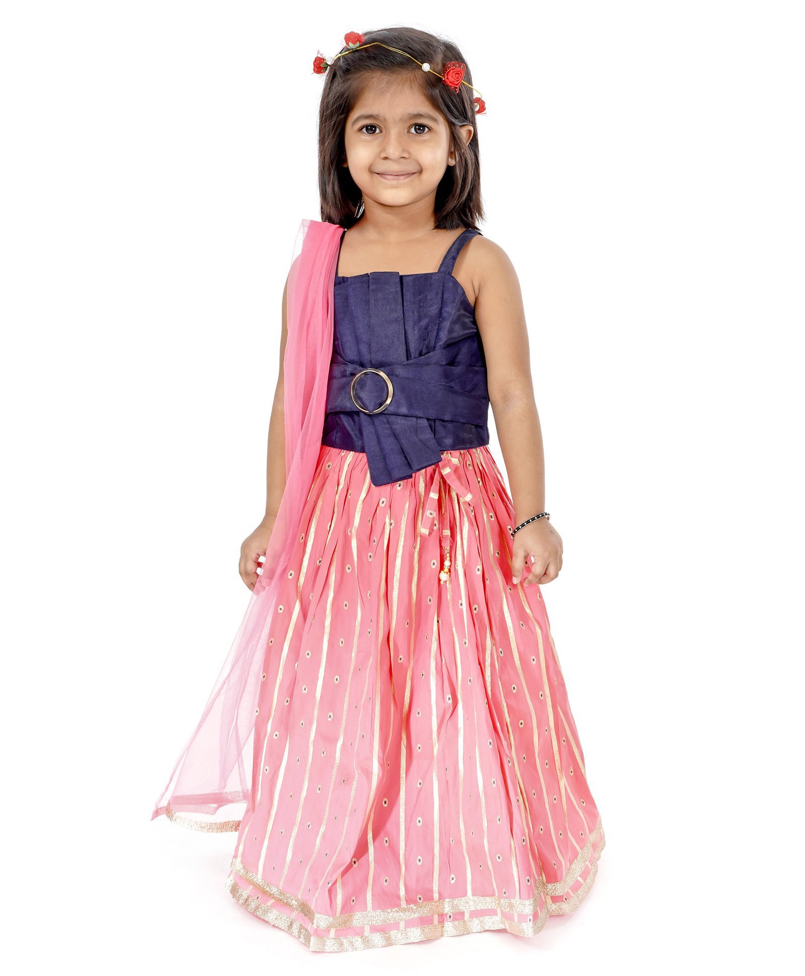 Babyoye Ghagra And Singlet Sleeves Choli with Dupatta Floral Glitter Print - Pink Blue-image-18