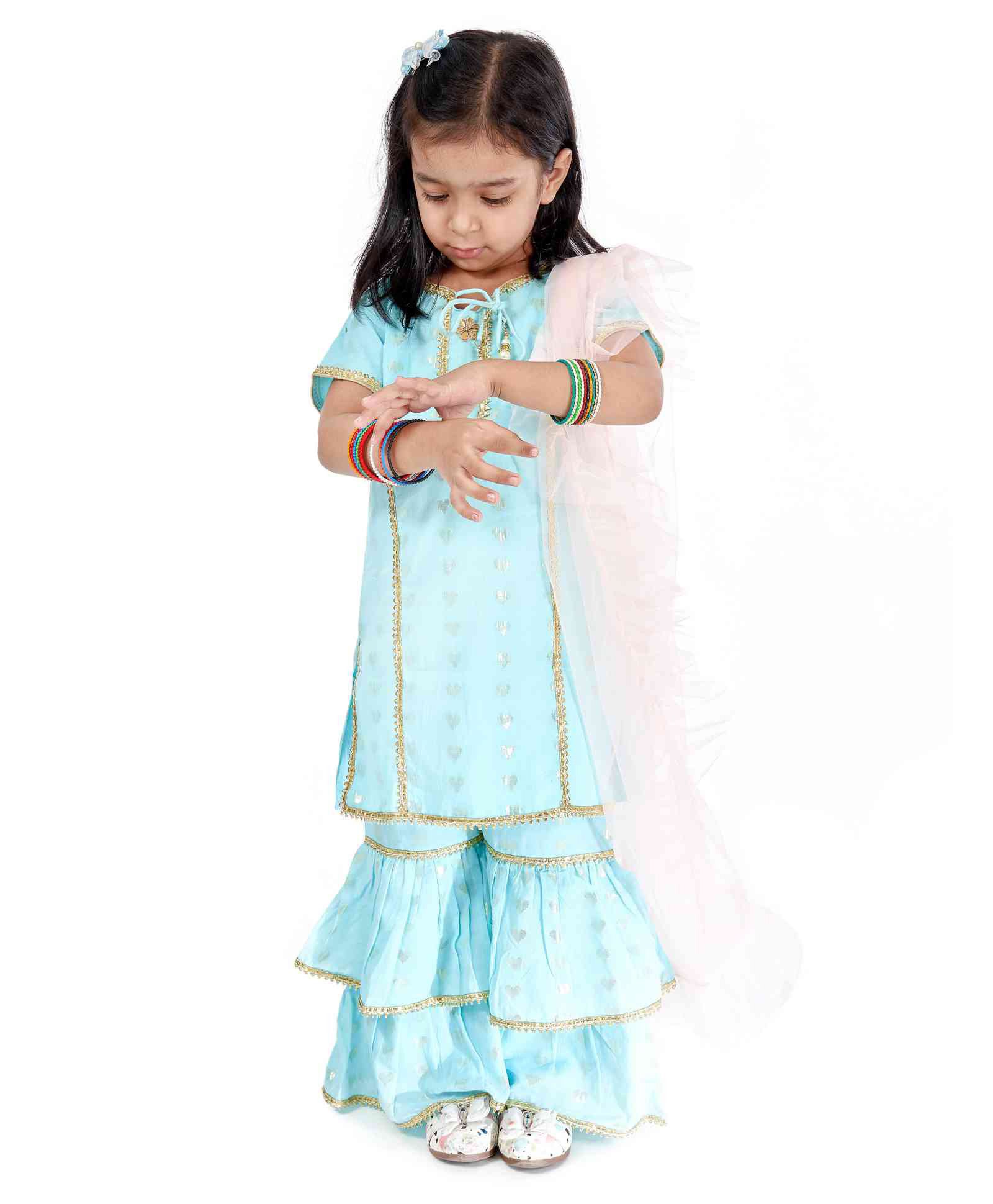 Babyoye Half Sleeves Embroidered Top & Palazzo Set With Dupatta - Blue-picture-25