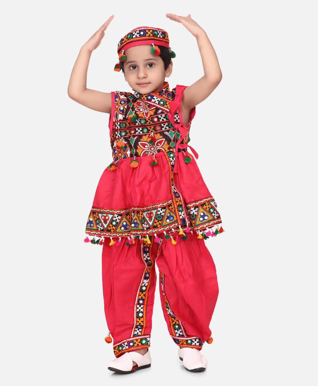 BownBee Sleeveless Mirror Work Kedia With Dhoti & Cap - Dark Peach-image-37