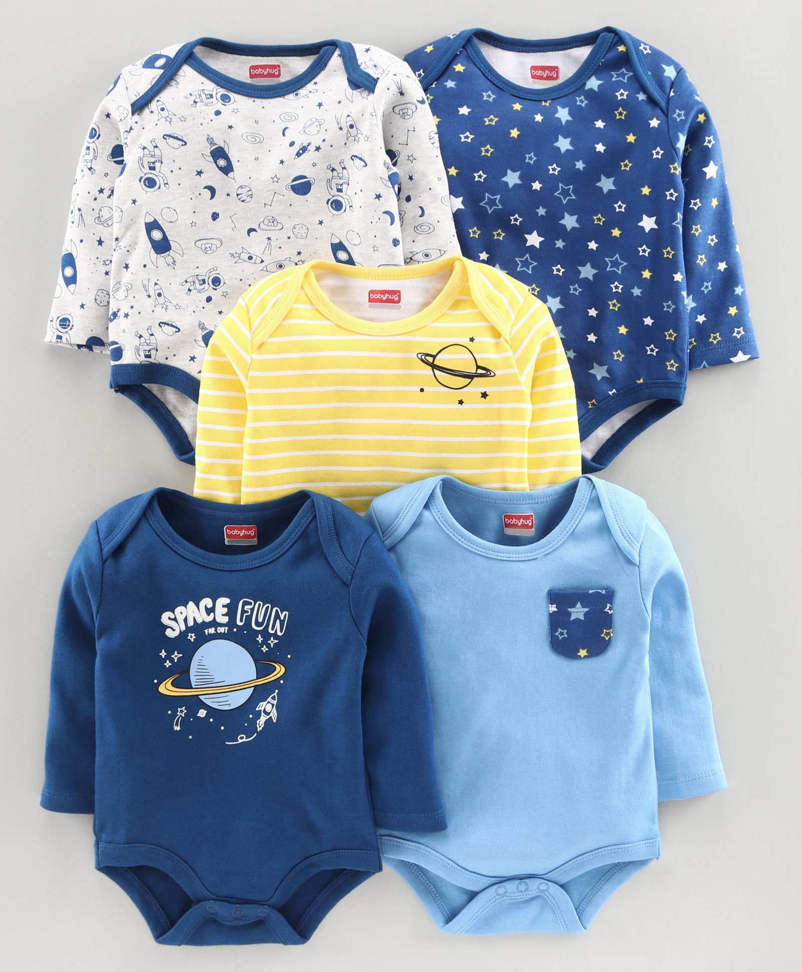 Babyhug Full Sleeves Onesie Space Print Pack of 5 - Blue Yellow-picture-25