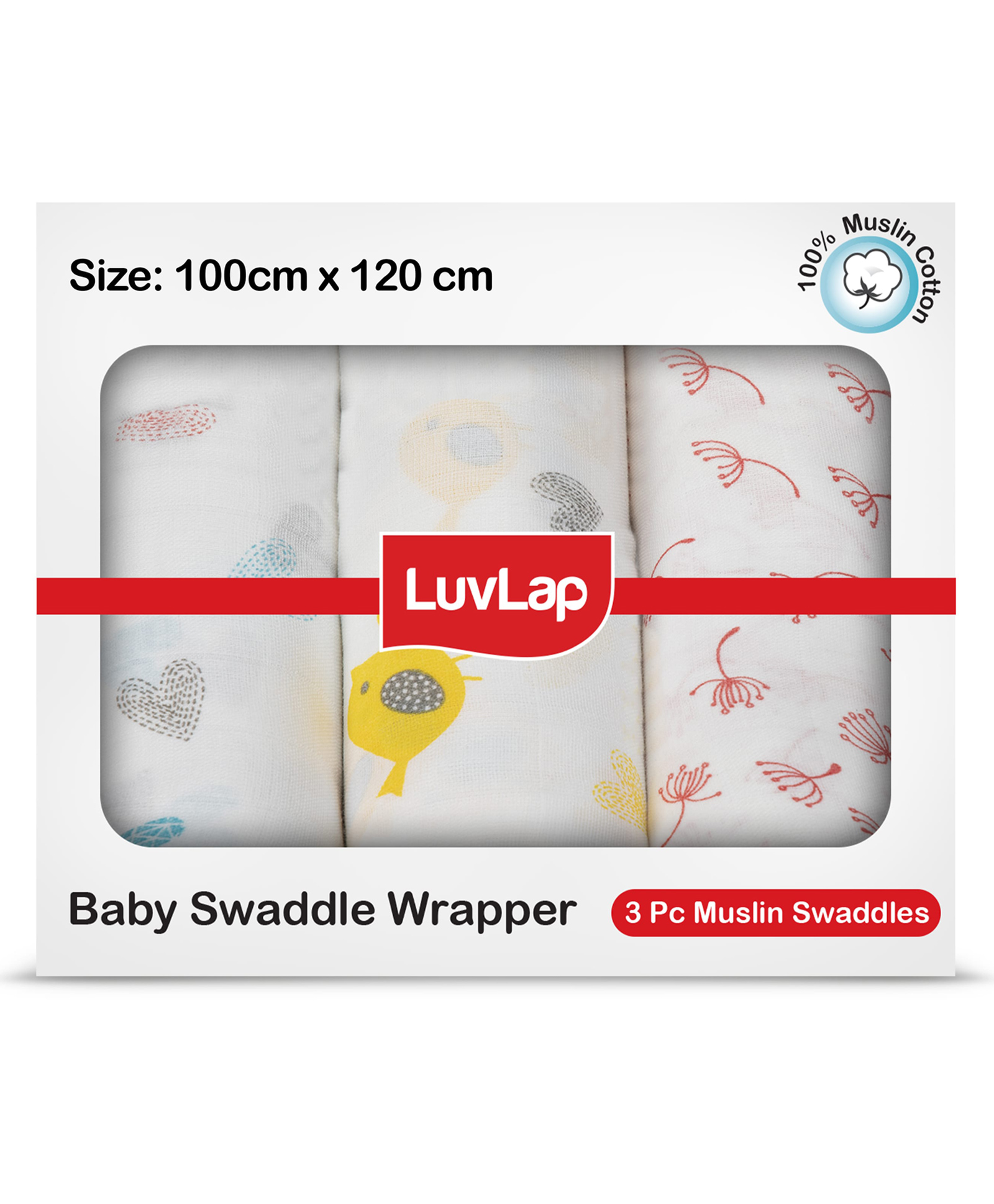 LuvLap 100% Muslin Cotton Baby Swaddle Wrappers Bird  Print - White Pink-image-5