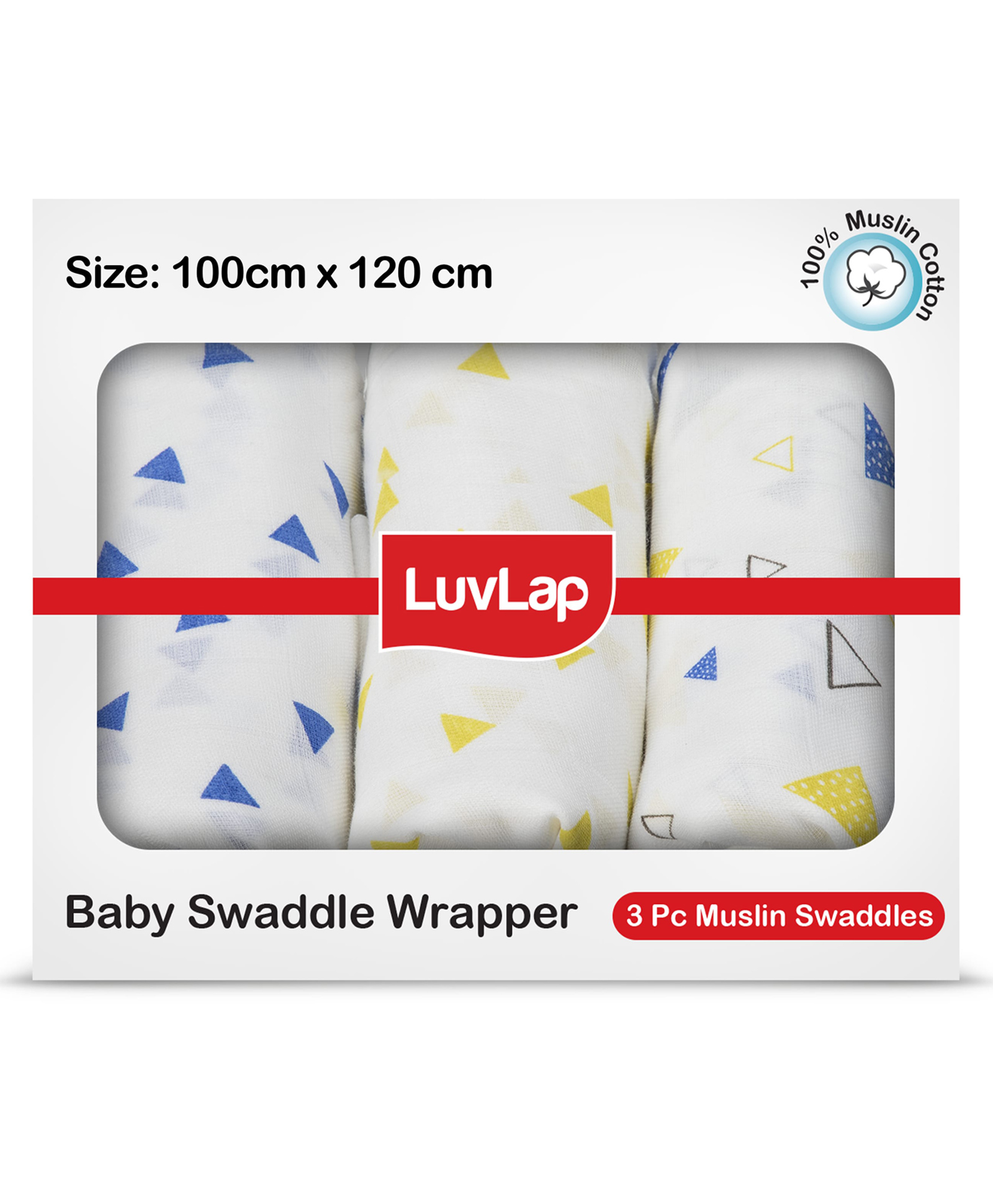 LuvLap 100% Muslin Cotton Baby Swaddle Wrapper Triangle Print Pack of 3 - White-image-14