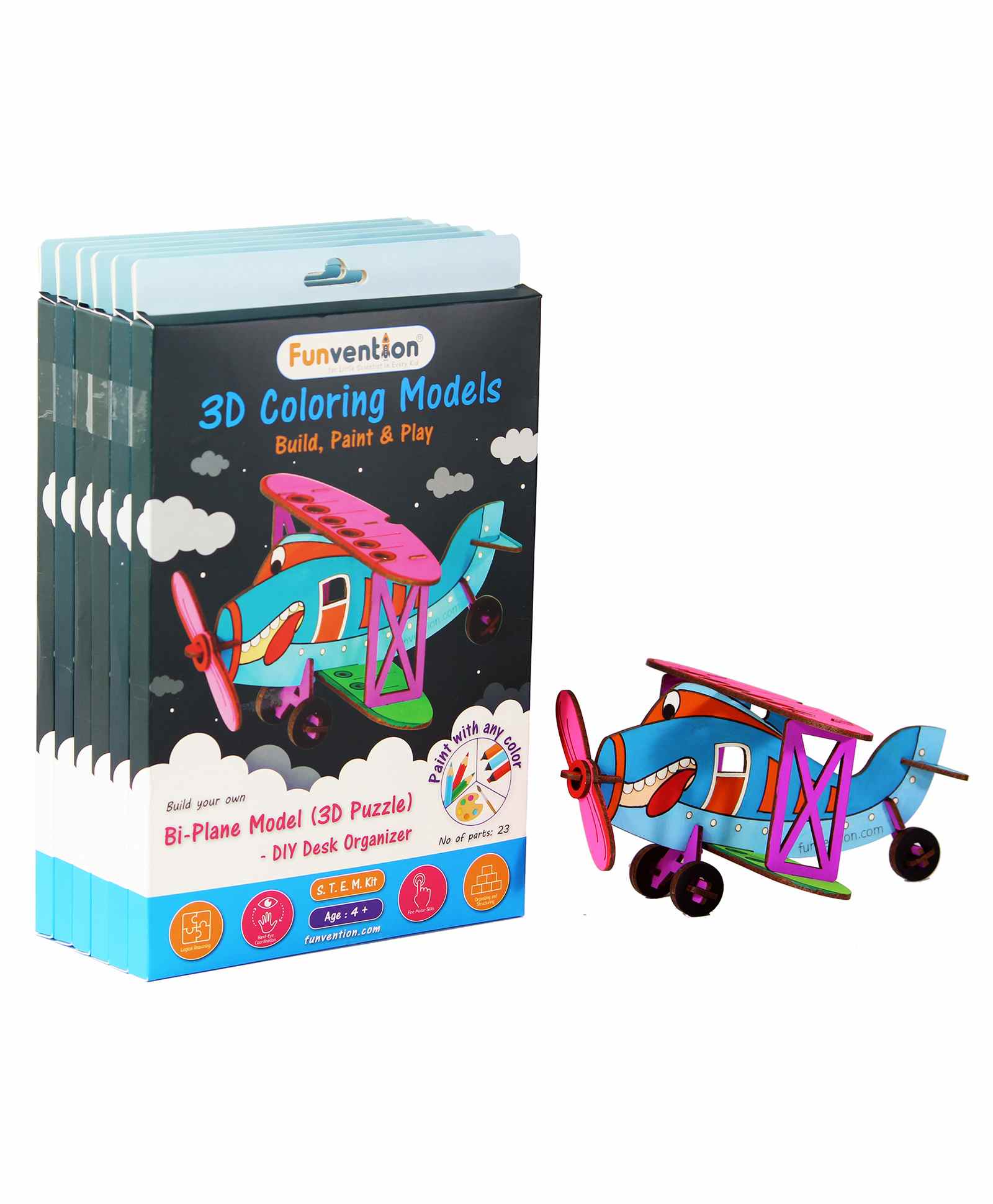 Funvention MDF Wood 3D Coloring Model Bi-Plane DIY Puzzle Toy Multicolor Pack of 6 - 23 Pieces each-picture-18