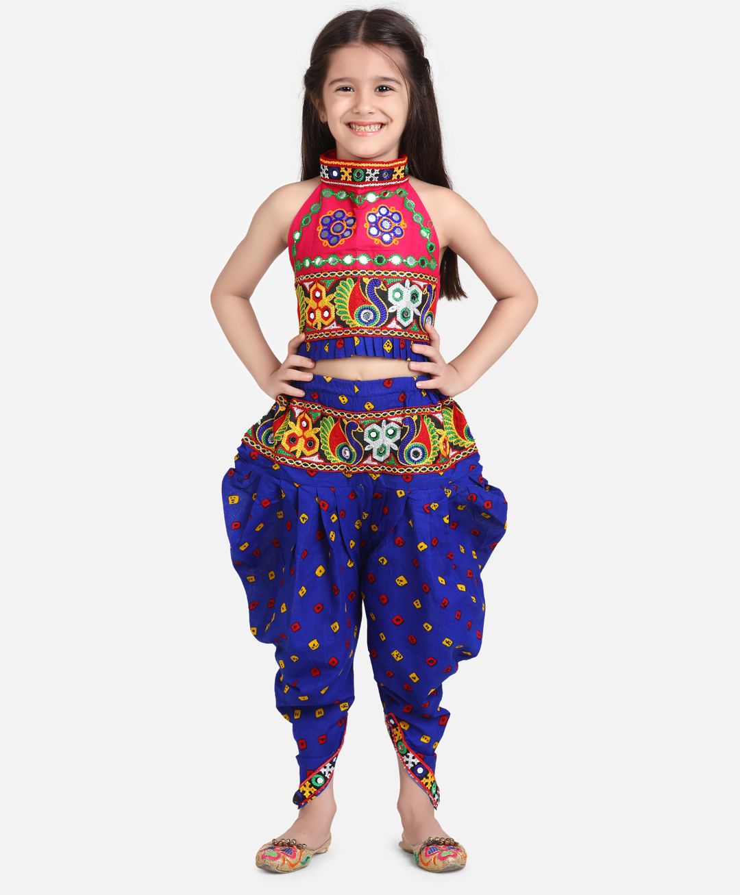 BownBee Peacock Embroidered Halter Neck Sleeveless Choli With Dhoti - Blue-image-1