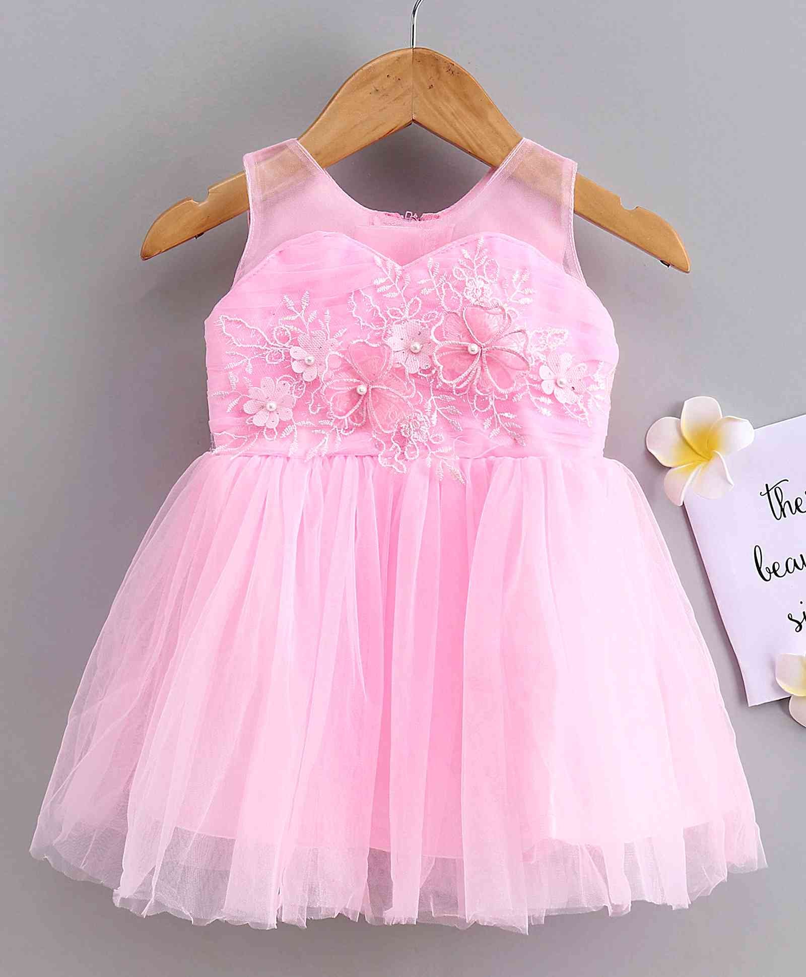 Babyhug Party Wear Sleeveless Frock Floral Embroidery & Applique - Pink-image-21