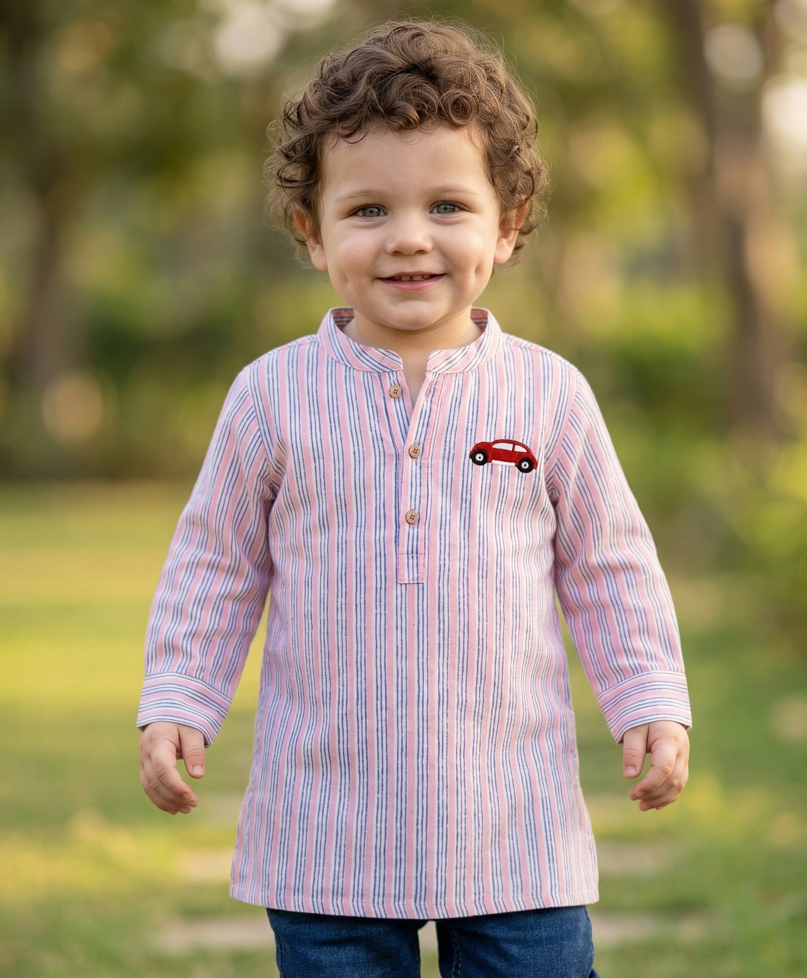 Babyoye Cotton Kurta Car Embroidery Striped - Pink-image-30