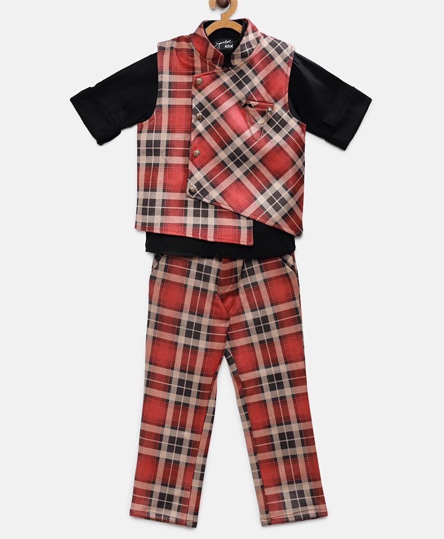 Actuel Full Sleeves Shirt With Checkered Waistcoat & Pants - Red & Black-picture-16