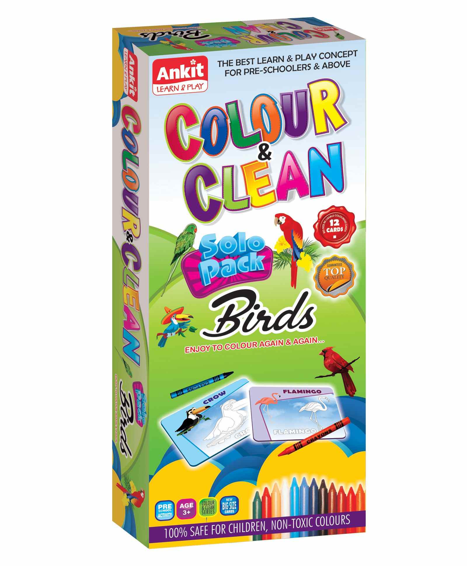 Ankit Toys Activity Colour and Clean Solo Pack Birds Reusable Jumbo Flash Cards Coloring Kit Set of 12 - Multicolour-image-48
