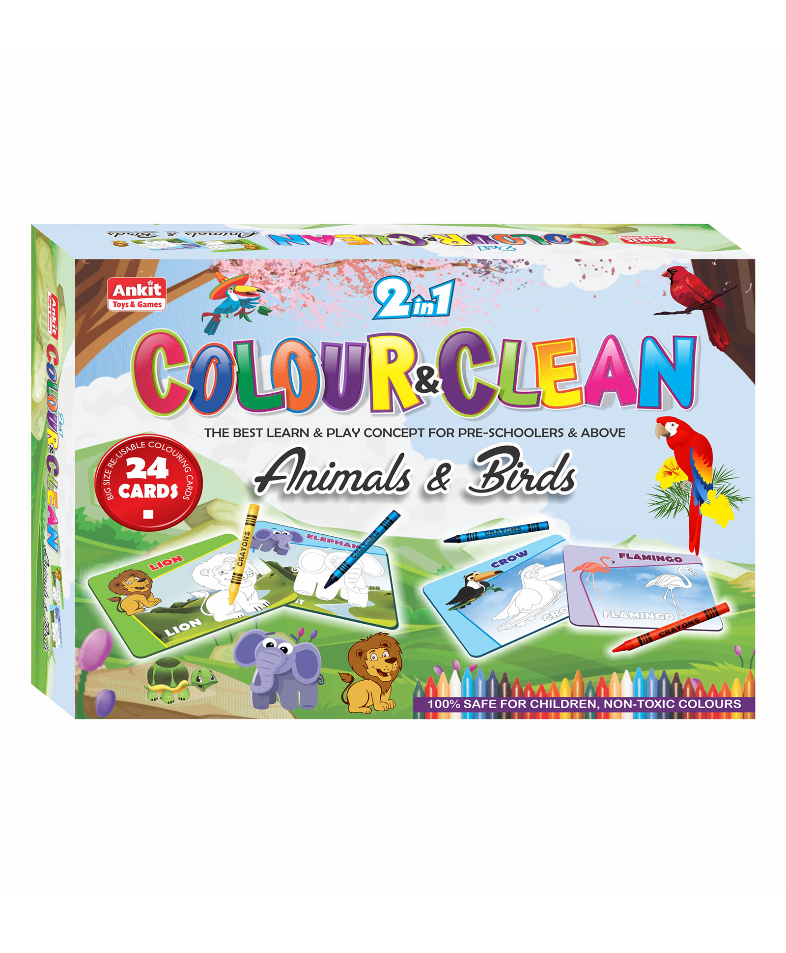 Ankit Toys 2 in1 Activity Colour and Clean Pack Animals & Birds Reusable Jumbo Flash Cards Coloring Kit Set of 24 - Multicolour-image-16