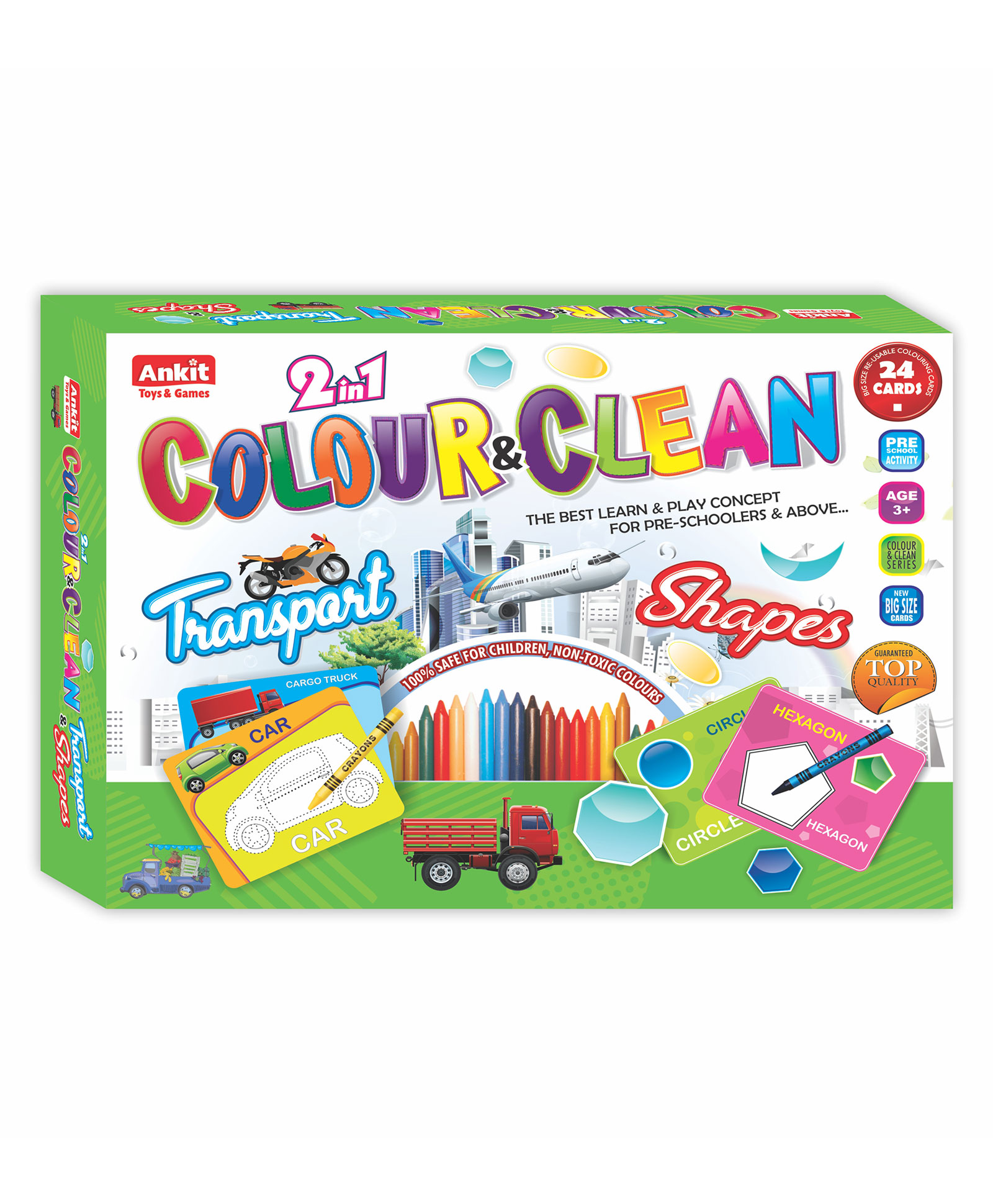Ankit Toys 2 in1 Activity Colour and Clean Pack Transports & Shapes Reusable Jumbo Flash Cards Coloring Kit Set of 24 - Multicolour-image-47