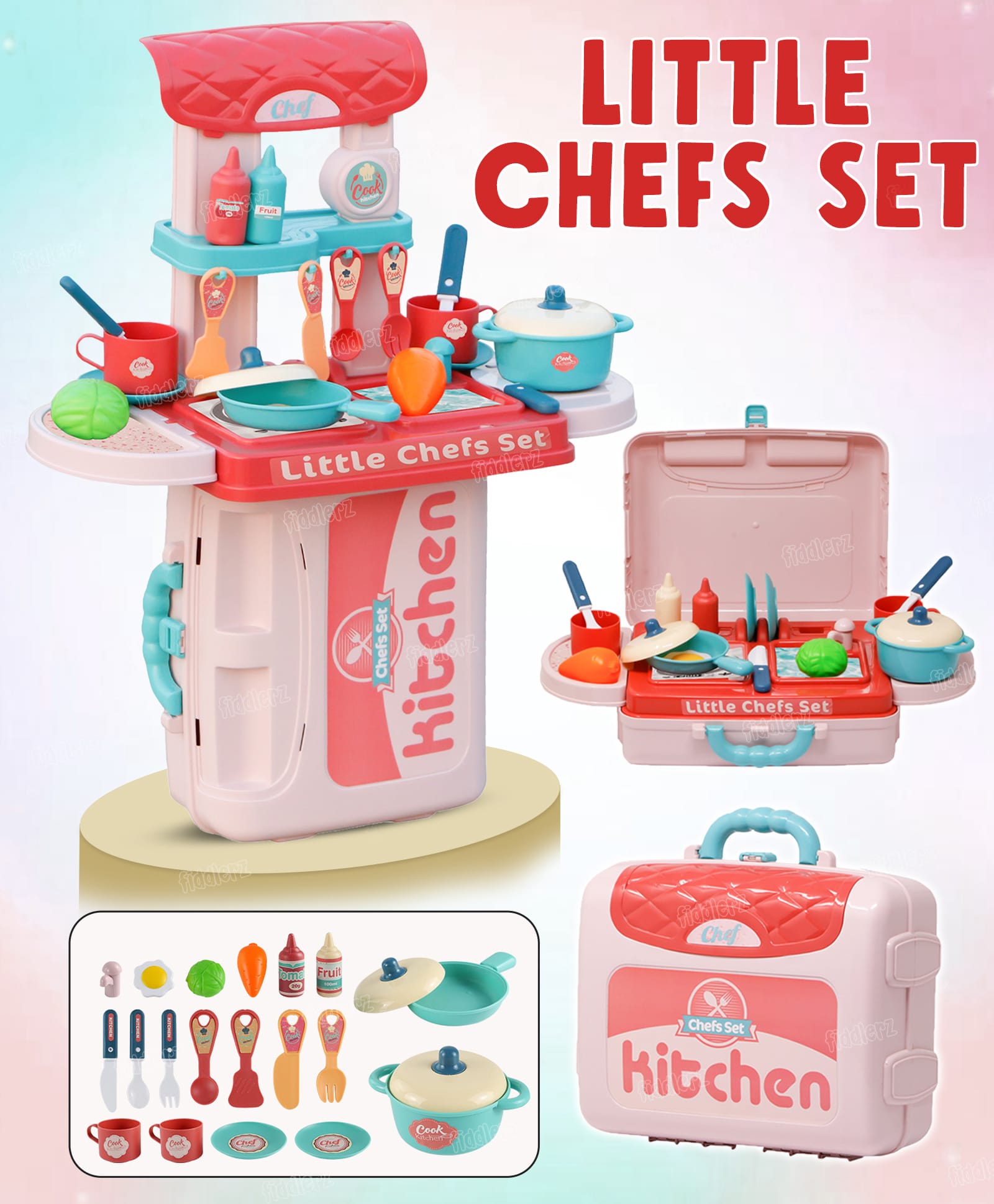 Fiddlerz 3 In 1 Kitchen Play Set Pink - 19 Pieces-picture-18