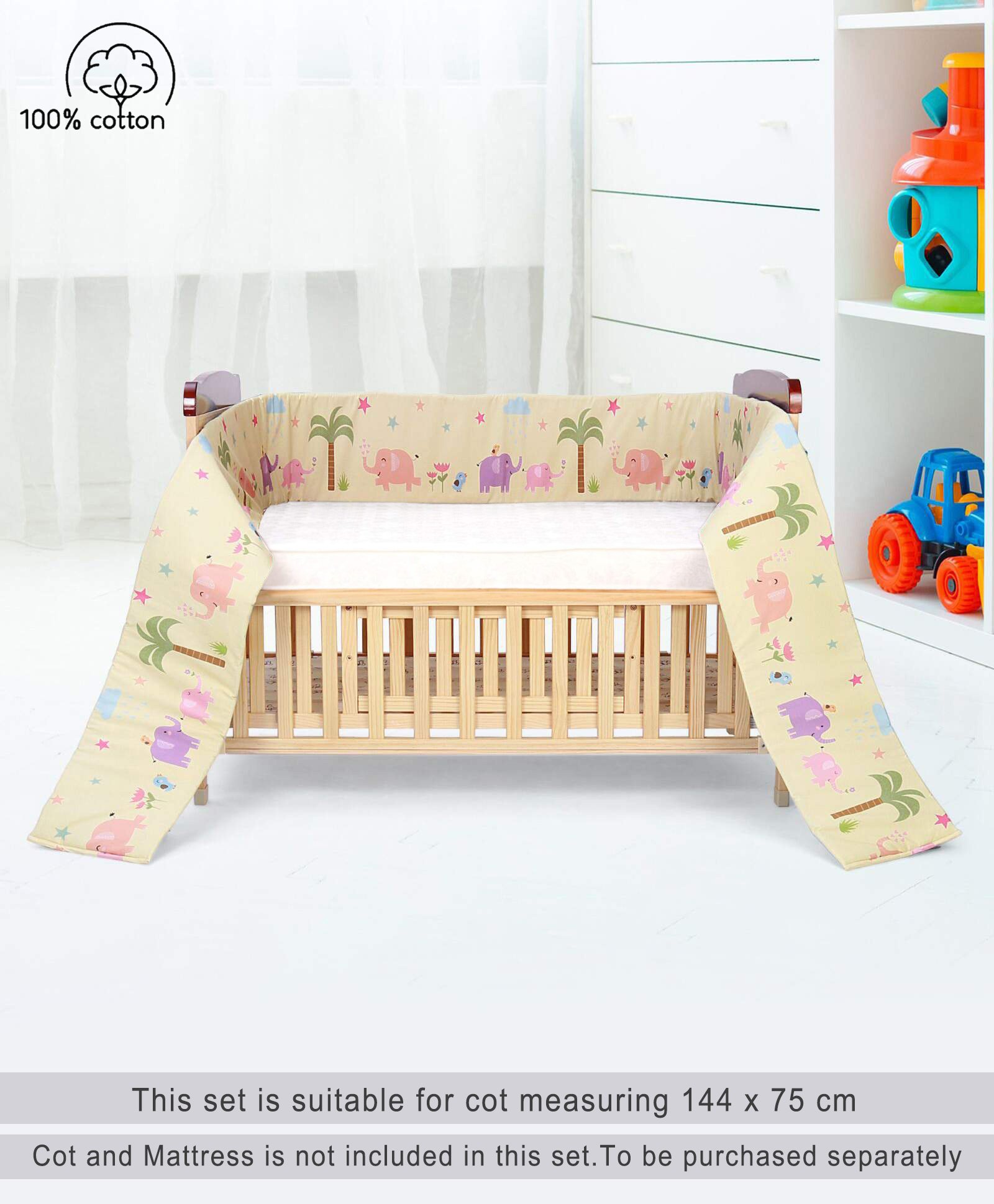 Babyhug 100% Cotton Crib Bumper Elephant Theme Large - Yellow (Cot not Included)-image-12