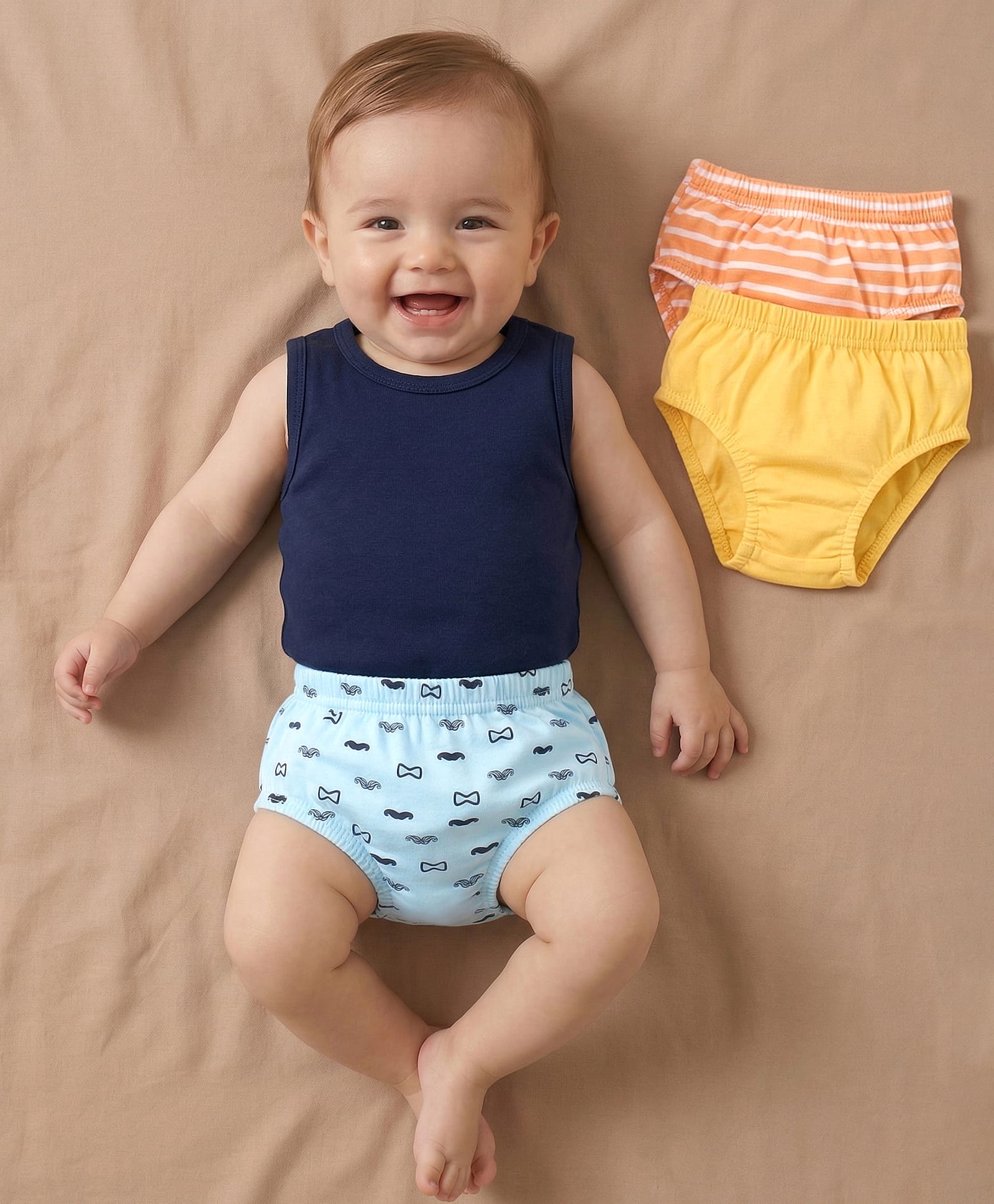 Babyoye Cotton Antibacterial Finish Briefs Moustache Print Pack of 3 - Yellow Blue Orange-picture-29