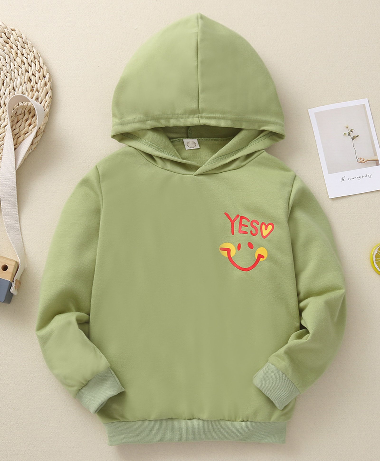 Kookie Kids Full Sleeves Hooded Sweatshirt Yes Print - Light Olive-image-18
