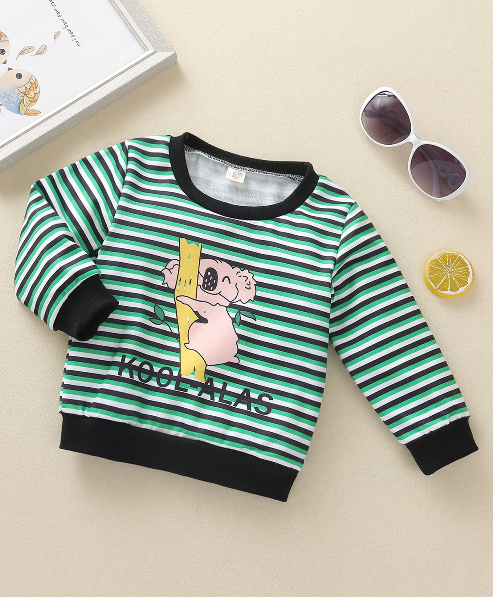 Kookie Kids Full Sleeves Striped Sweatshirt Koala Print - Black Green-image-29