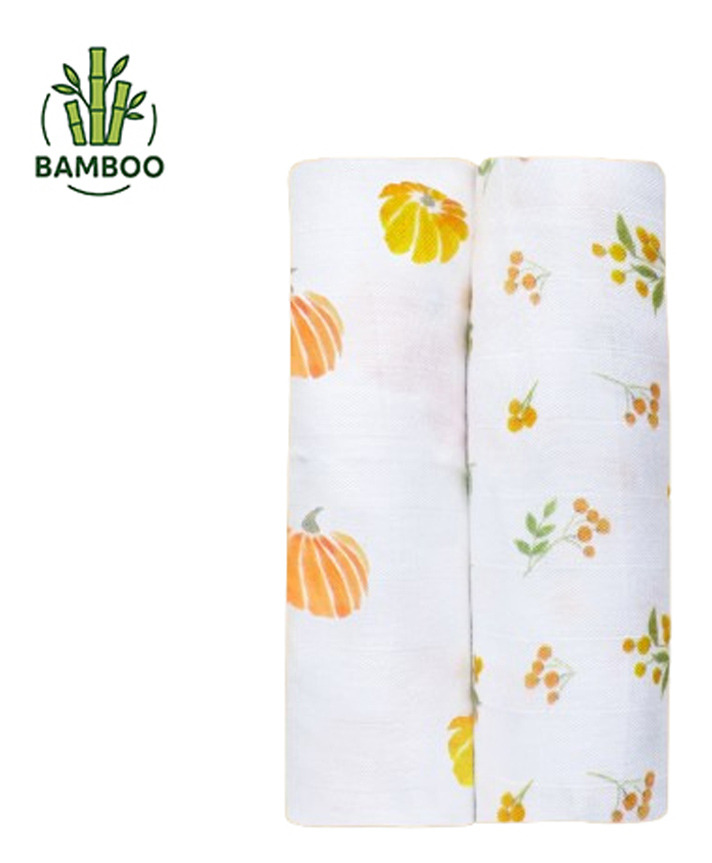 Masilo Bamboo Muslin Swaddle Wrapper Floral Print Set of 2 - Orange White-image-49