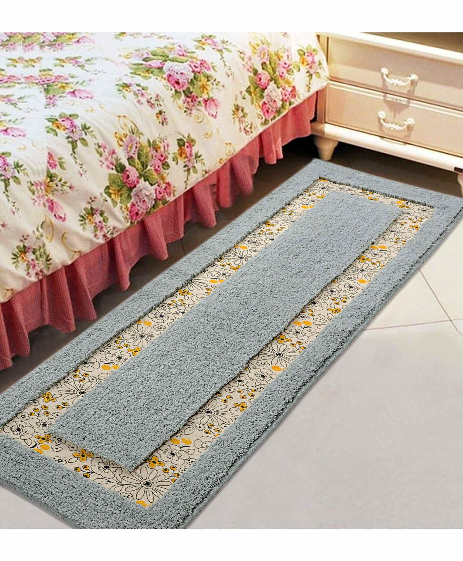 Saral Home Cotton Printed Floral Pattern Floor Runner - Grey-image-44