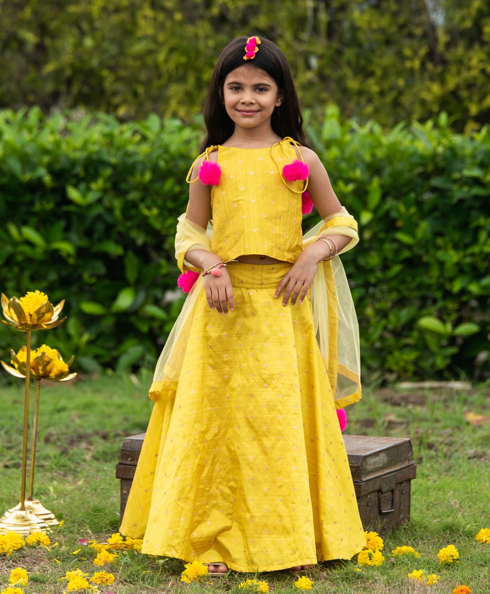 Buy Fairies Forever Sleeveless Pom Pom Design Choli With Lehenga & Dupatta  - Yellow for Girls (7-8 Years) Online in India, Shop at  -  8353471