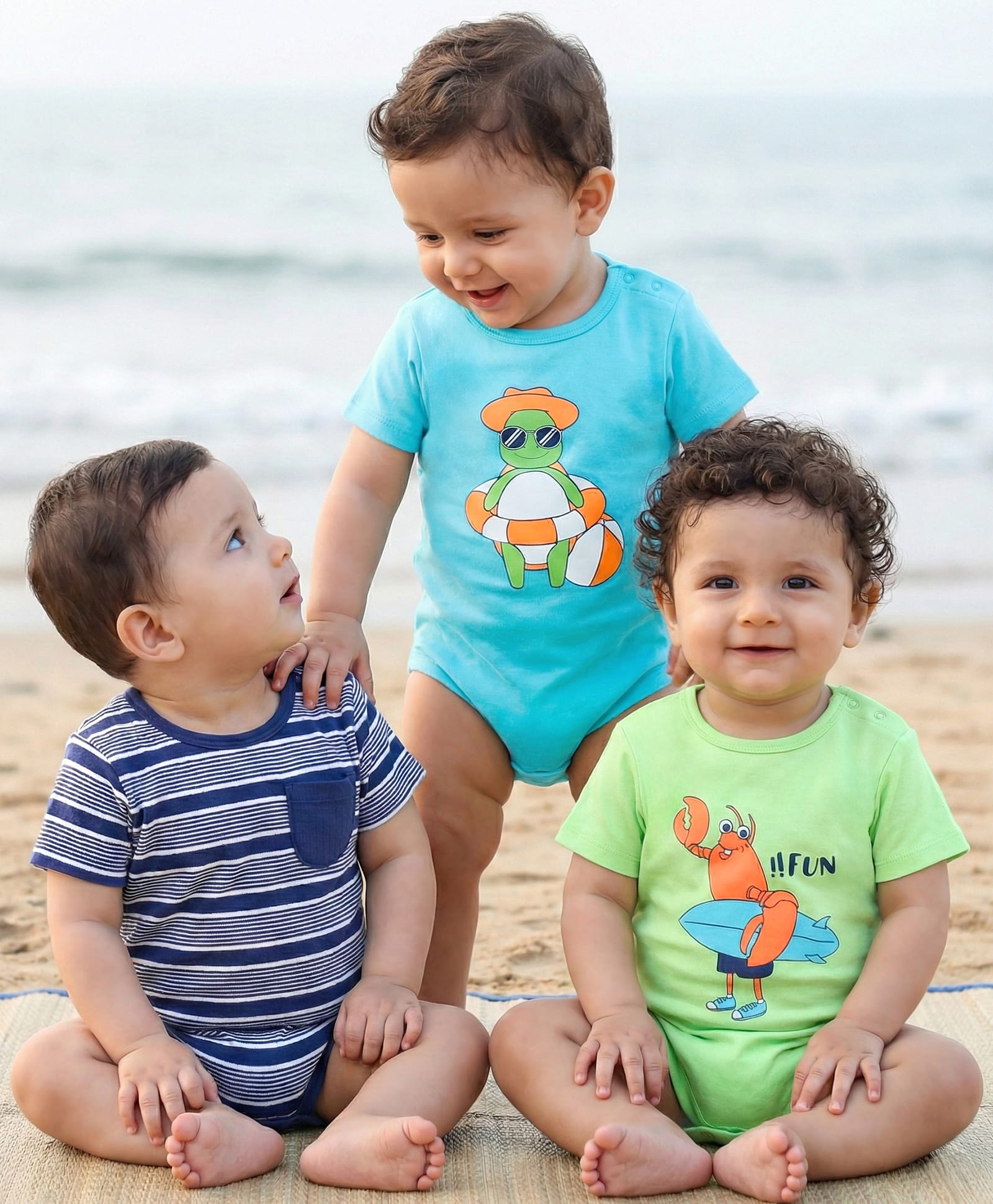 Babyoye Half Sleeves Bio Wash Multi Printed Cotton Onesies Pack of 3 - Blue Green-image-3