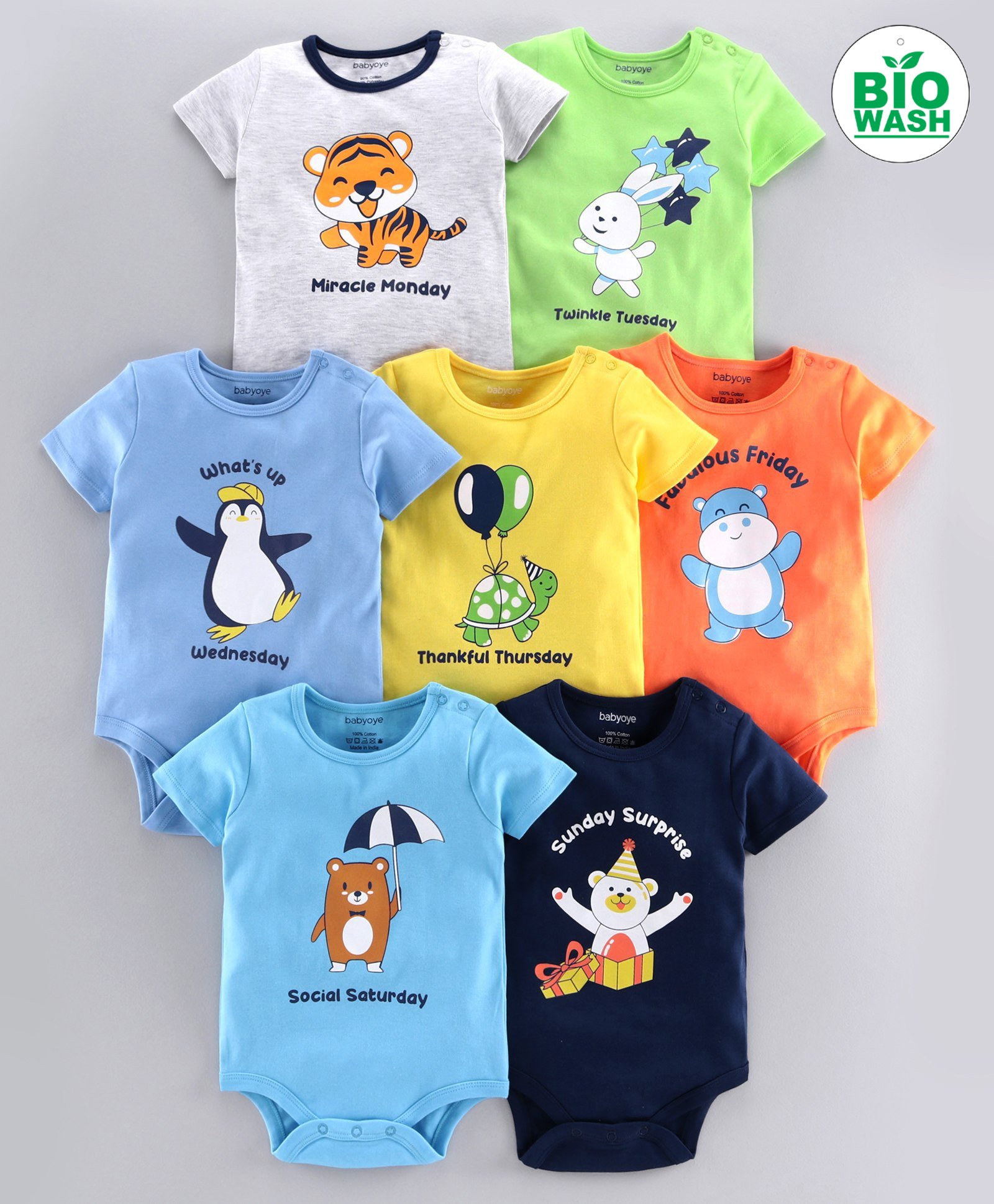 Babyoye Half Sleeves Biowash Onesie Pack of 7 - Multicolor-picture-16