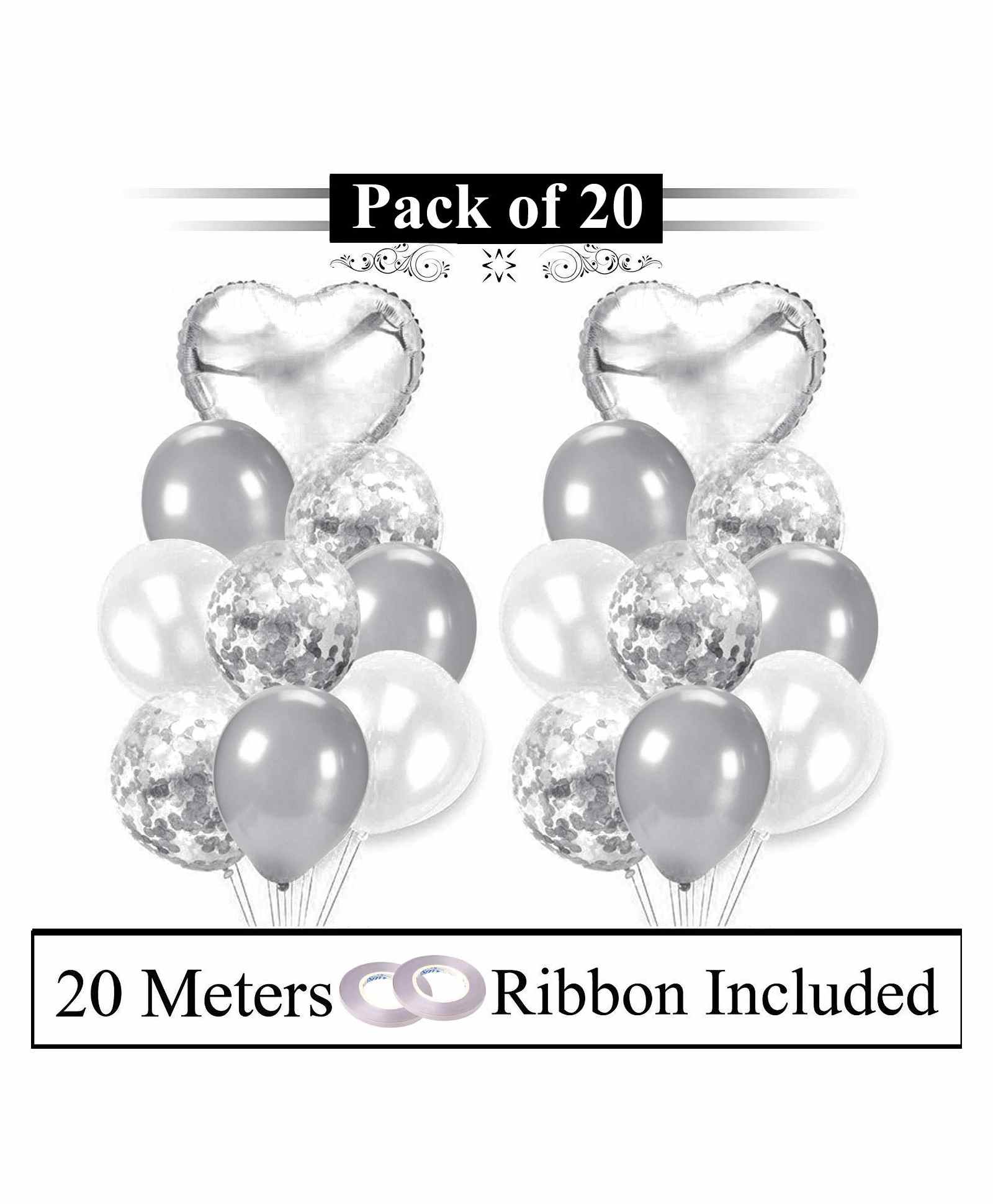 Amfin Foil and Confetti Balloons with Ribbon Silver - Pack of 20-picture-18